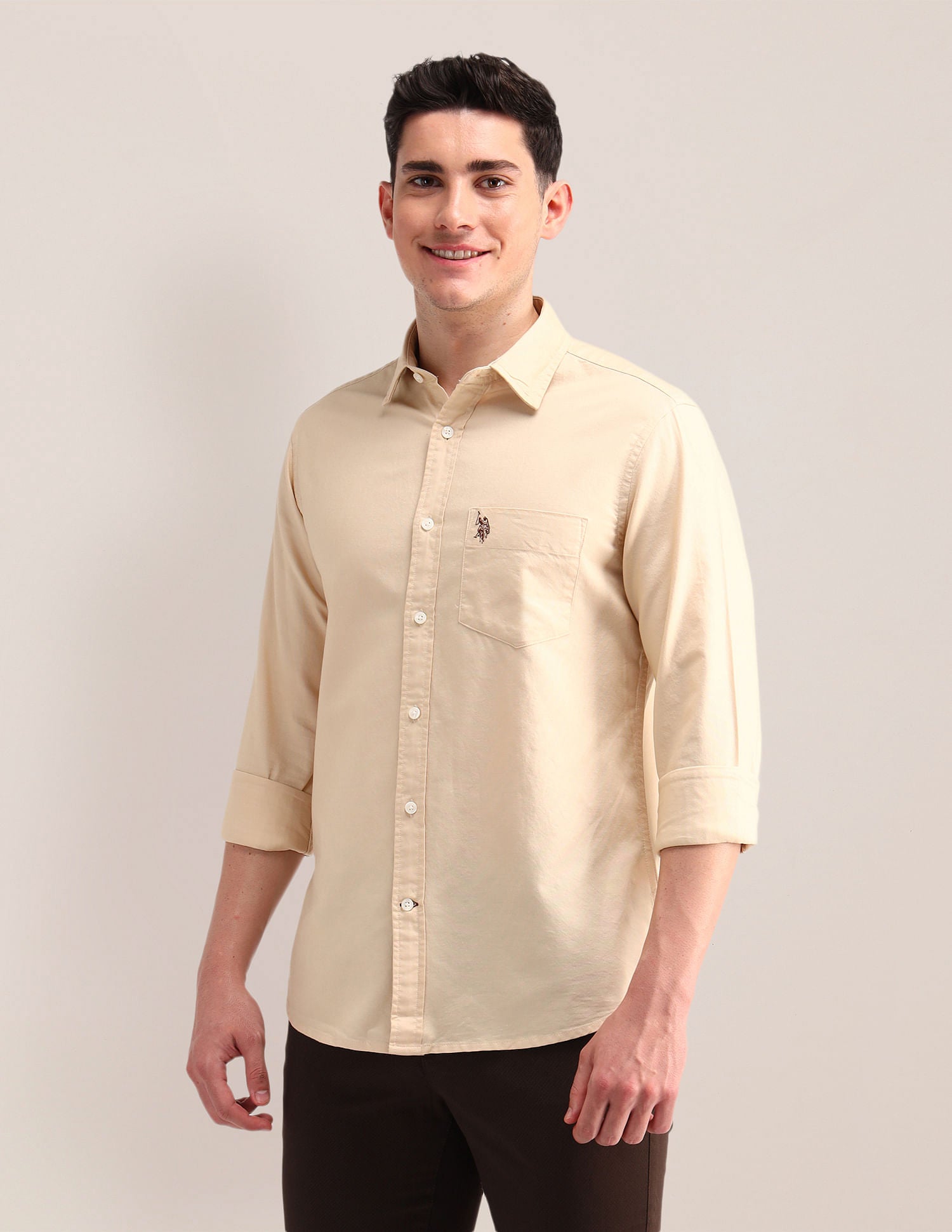 Tailored Fit Pure Cotton Shirt Light Beige - U.S. Polo Assn. India | Large