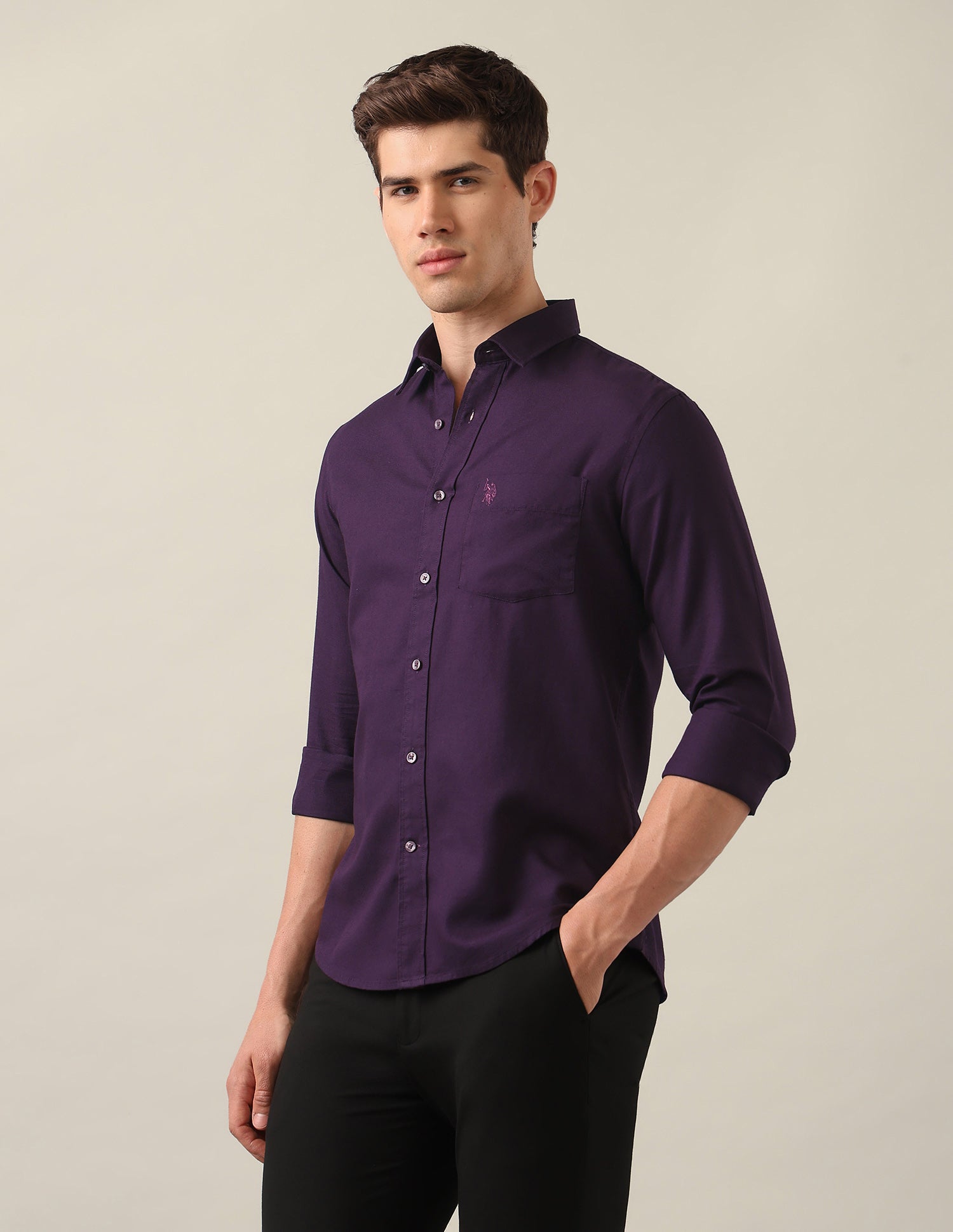 Tailored Fit Solid Shirt Dark Purple - U.S. Polo Assn. India | Large