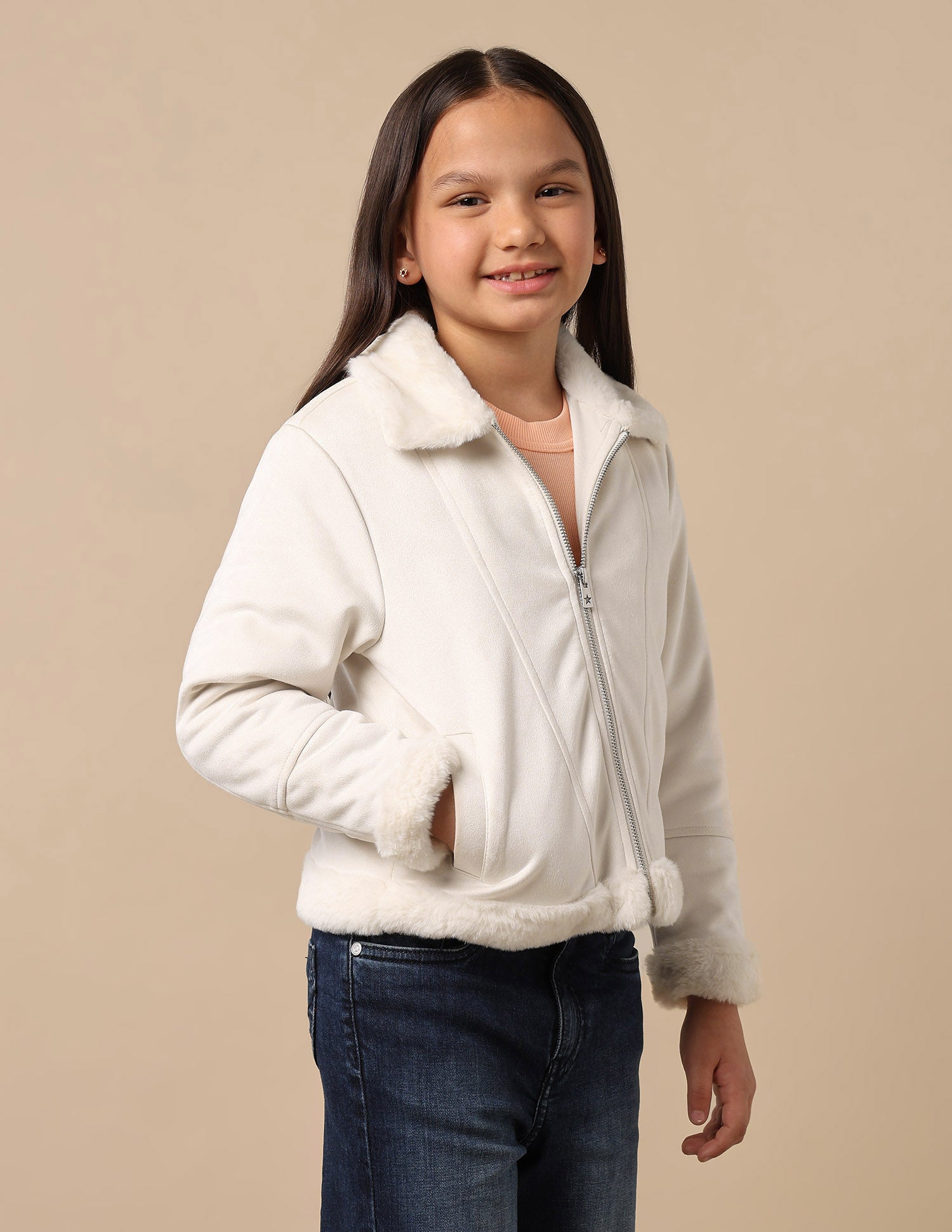 Girls Suede Solid Jacket Cream - U.S. POLO ASSN. | Large