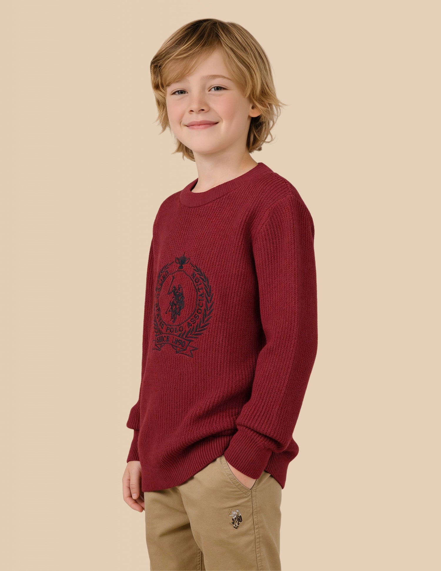 Boys Brand Embroidered Regular Fit Sweater Dark Red - U.S. Polo Assn. India | Large