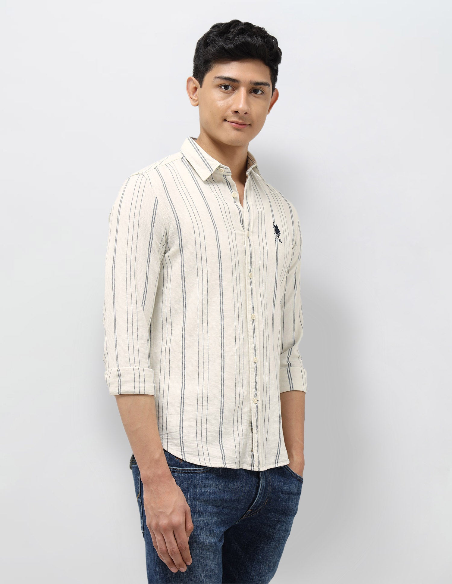 Vertical Striped Regular Fit Shirt Off White - U.S. Polo Assn. India | Large