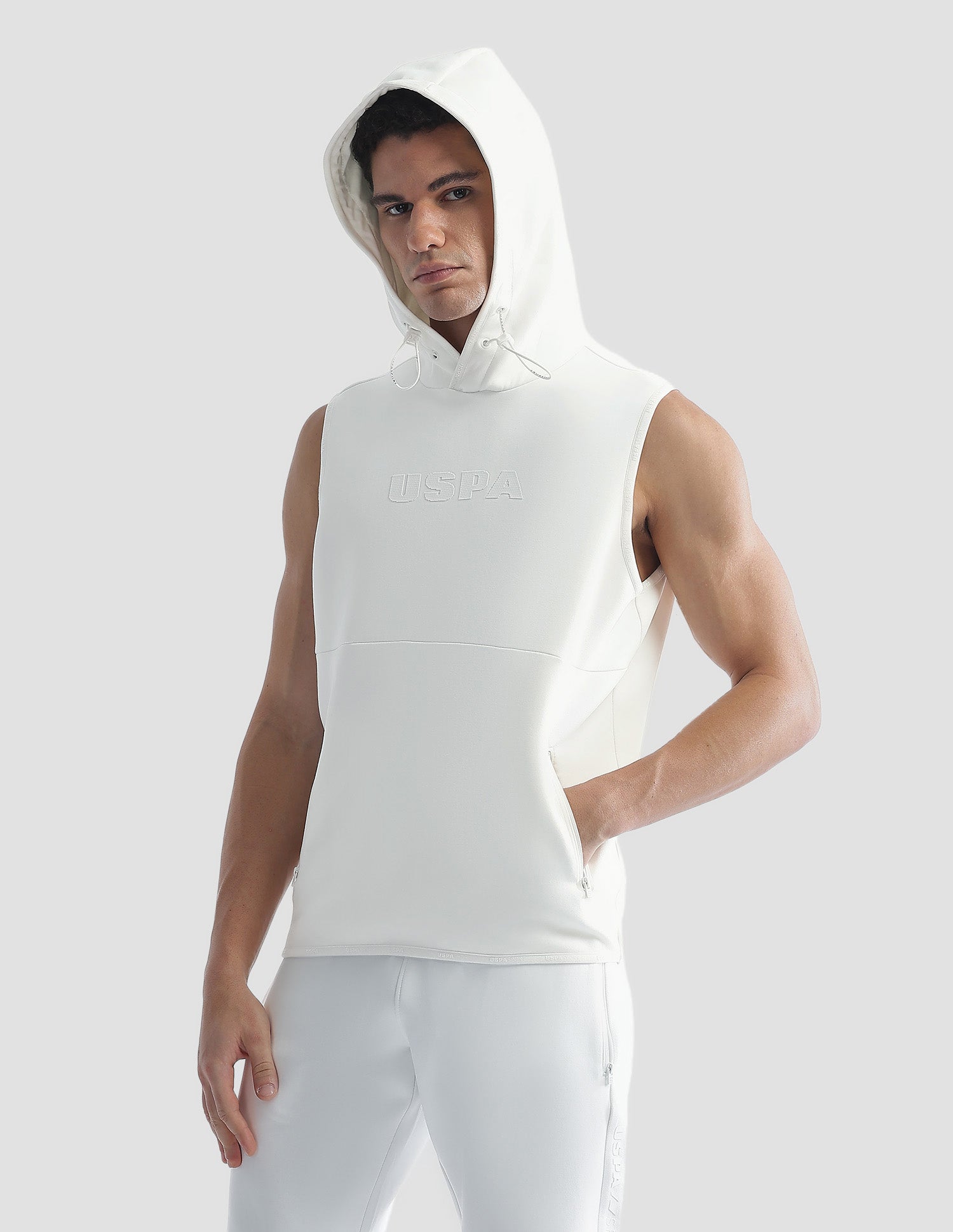 Solid Regular Fit Zipper Active Sweatshirt Off White - U.S. Polo Assn. India | Large