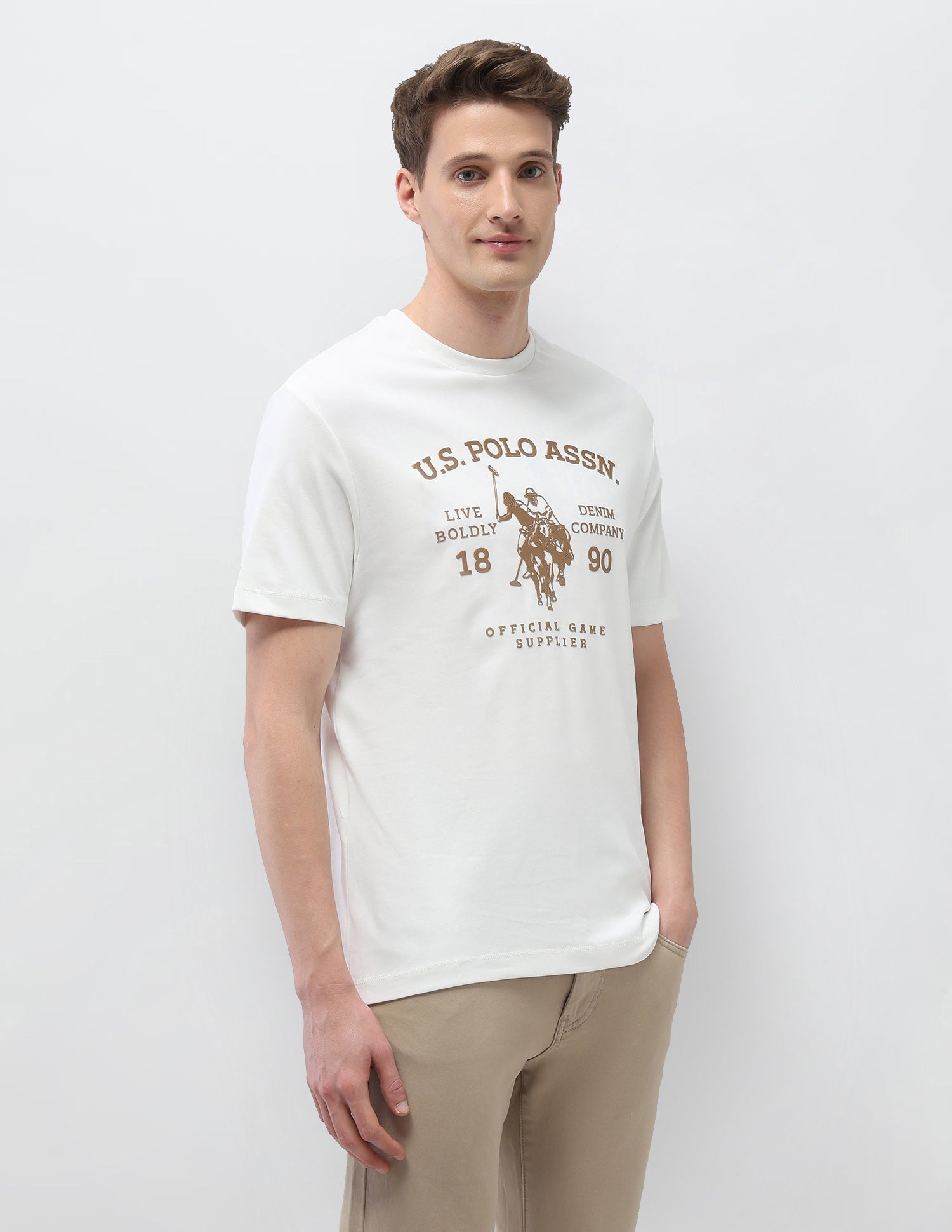 Graphic Brand Printed Slim Fit Black & Gold T-Shirt Ivory - U.S. Polo Assn. India | Large