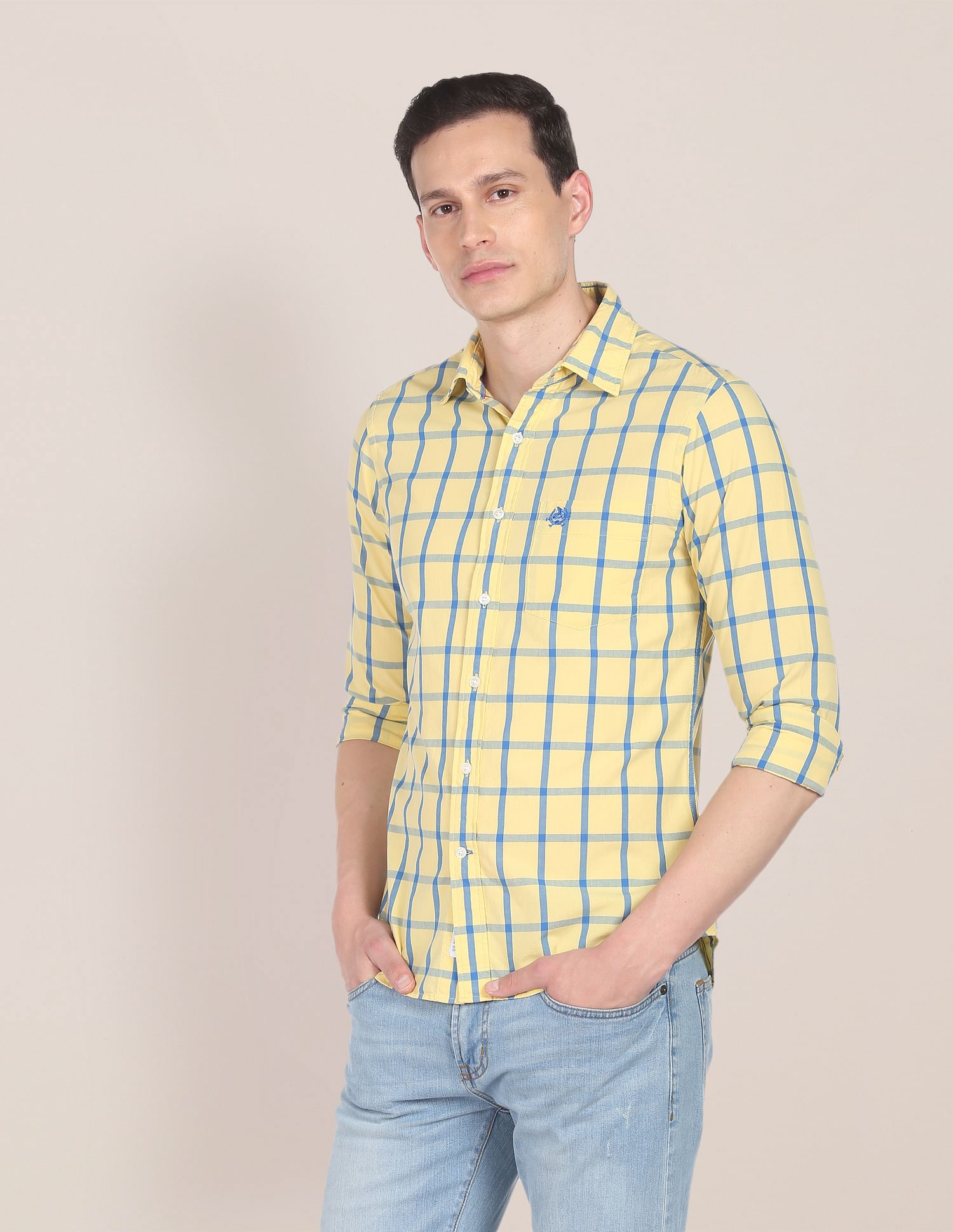 Men Yellow Windowpane Check Tailored Regular Fit Casual Shirt Yellow - U.S. Polo Assn. India | Large