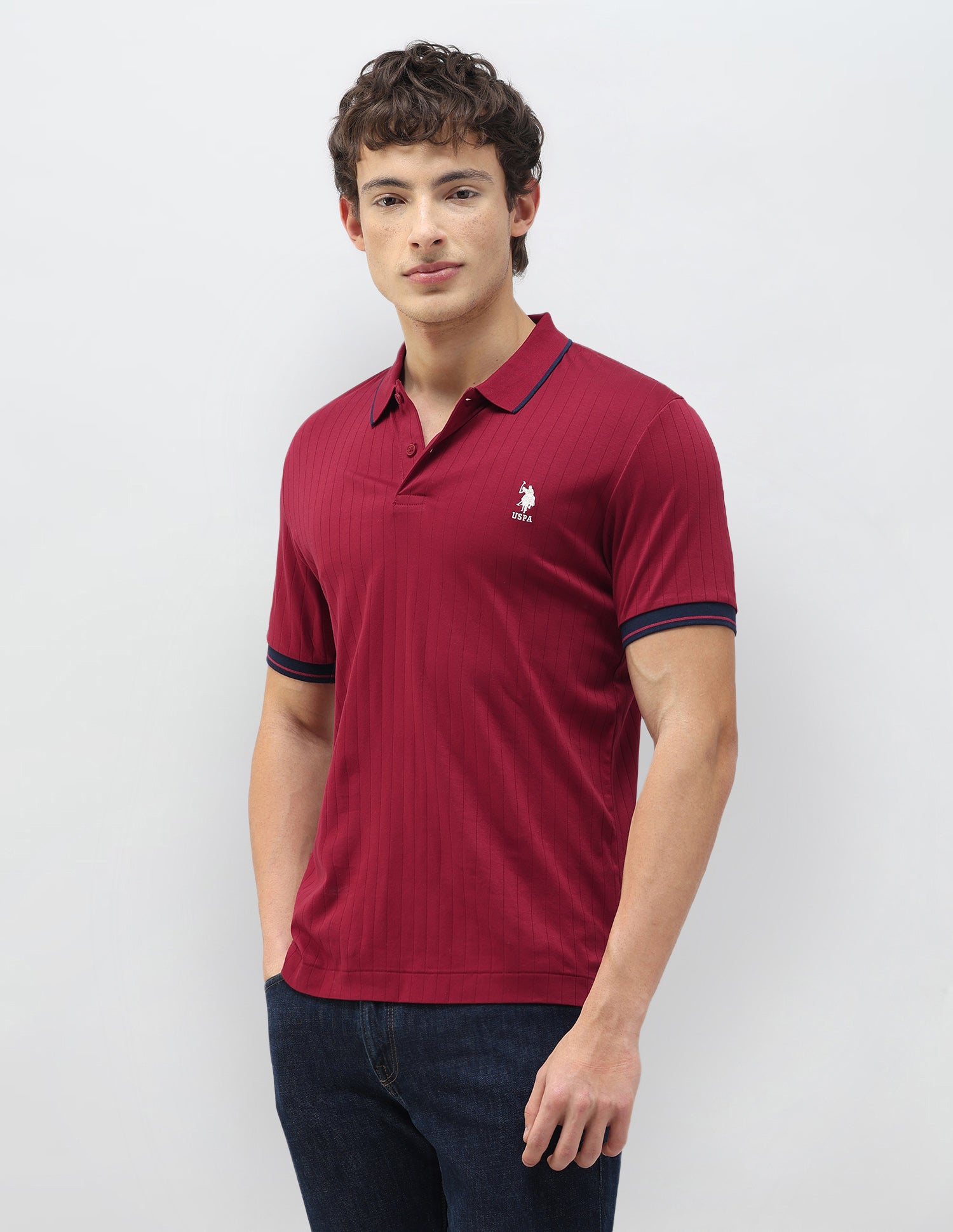 New Port Marina Vertical Striped Patterned Knit Polo Shirt Red - U.S. Polo Assn. India | Large