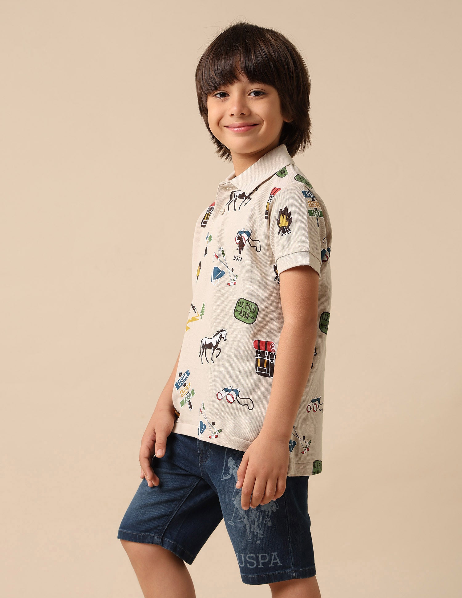 Boys All Over Printed Pure Cotton Polo Shirt Light Brown - U.S. POLO ASSN. | Large