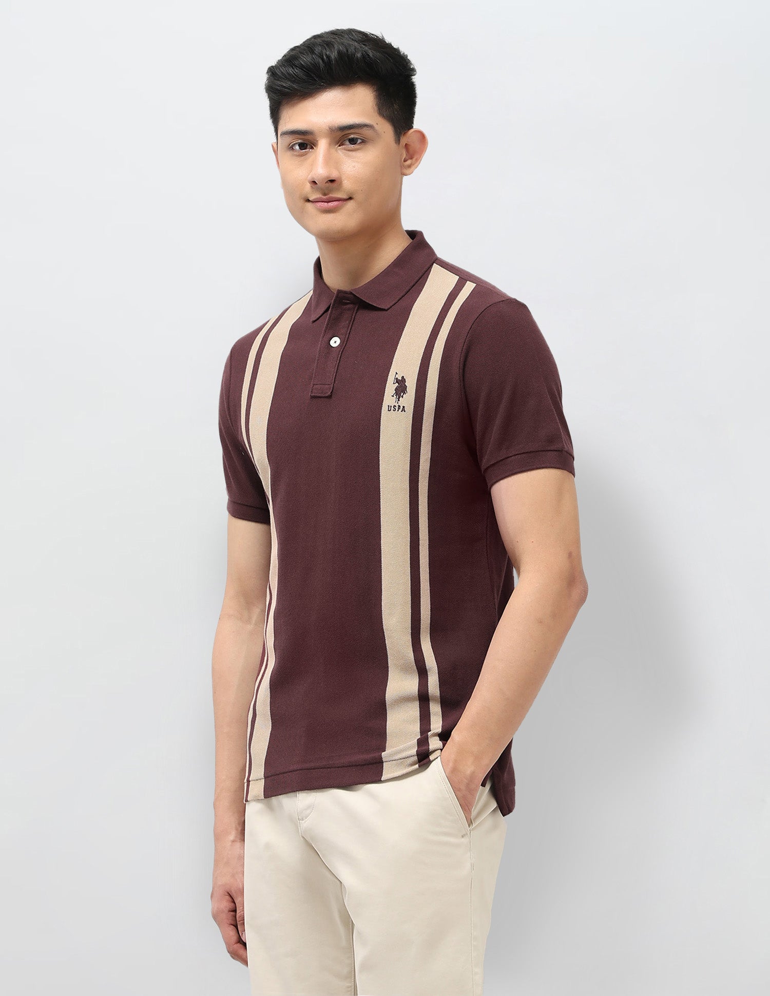 Vertical Striped Pure Cotton Polo Shirt Dark Brown - U.S. Polo Assn. India | Large