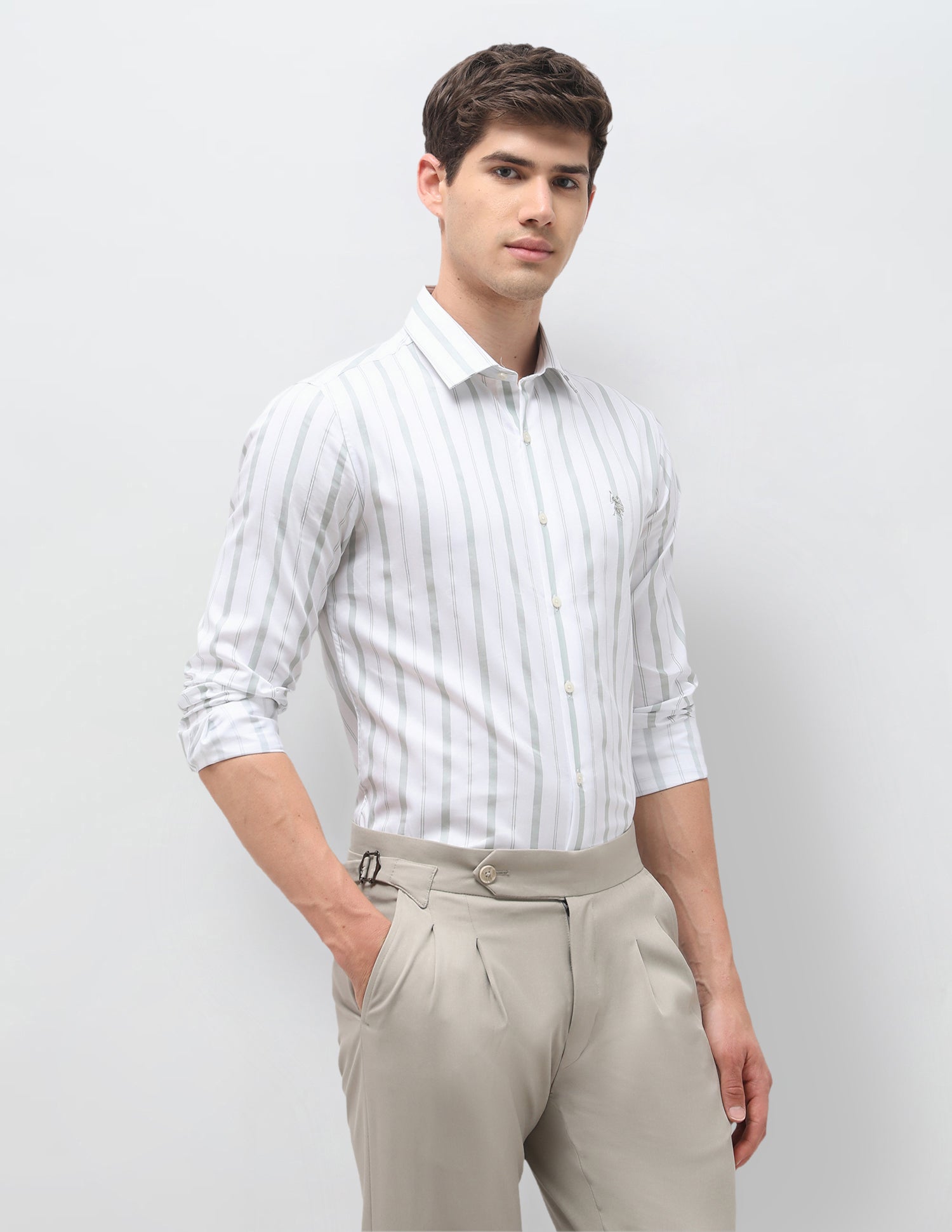 Vertical Striped Satin Shirt Light Green - U.S. Polo Assn. India | Large