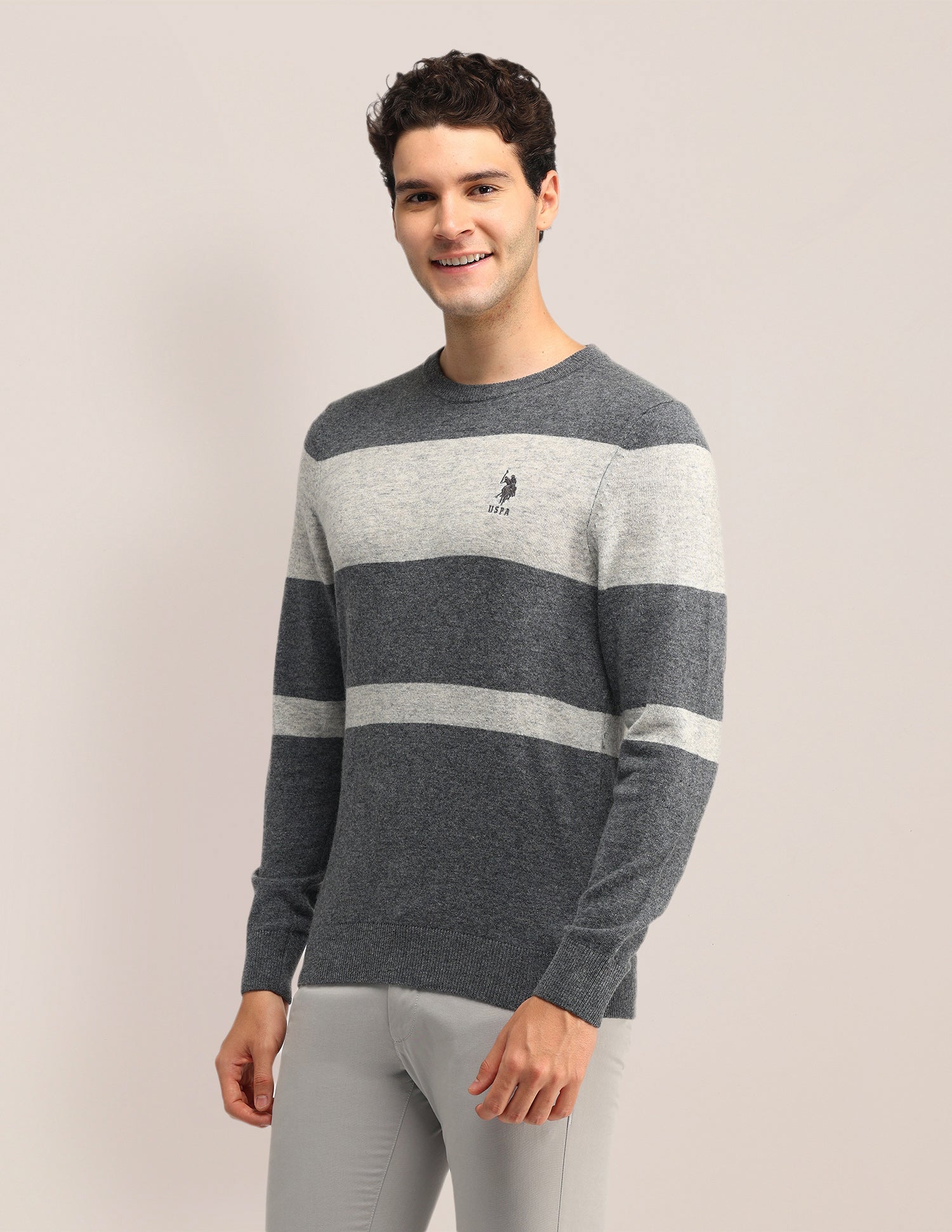 Colour Blocked Regular Fit Sweater Light Grey - U.S. Polo Assn. India | Large