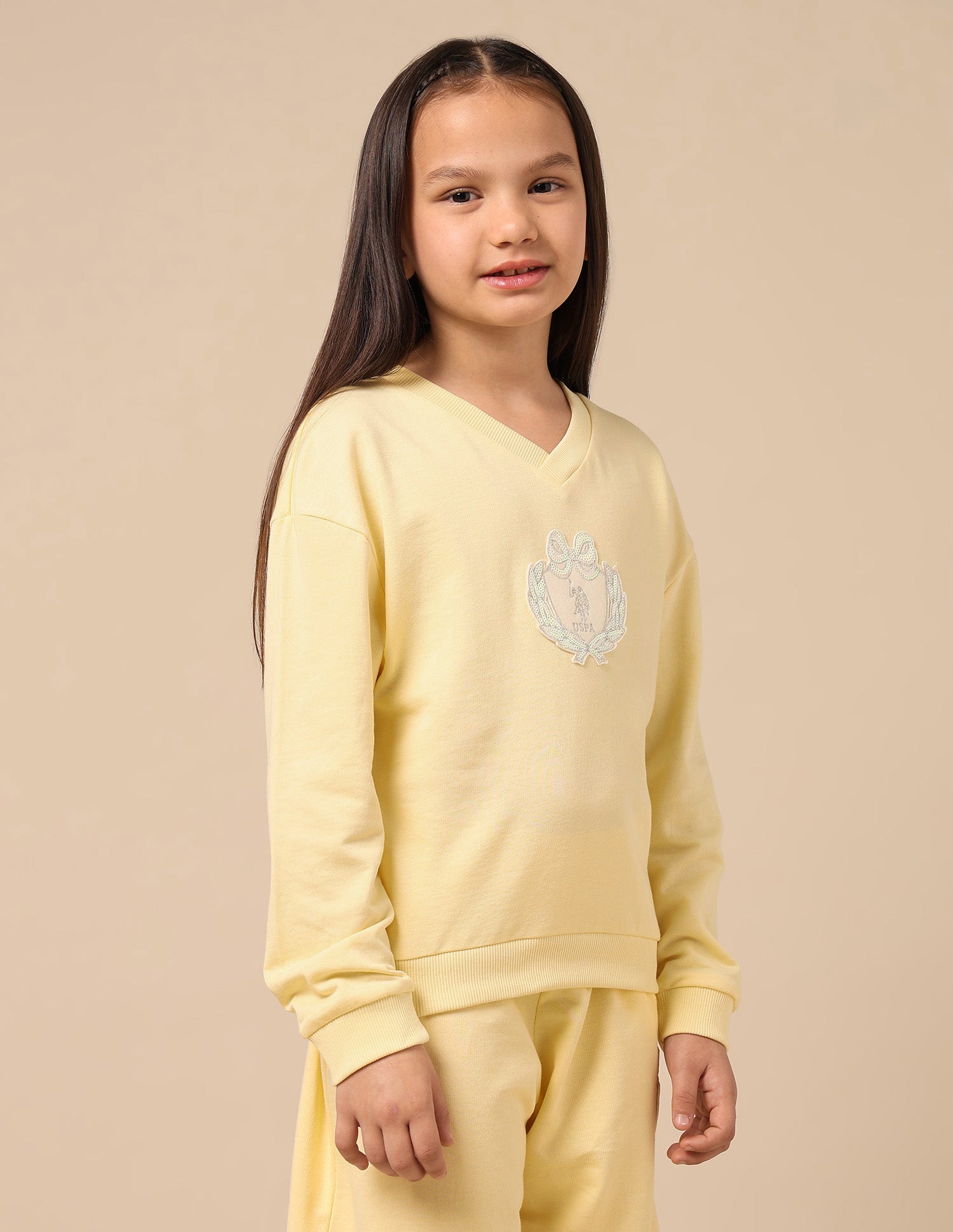 Girls Solid Comfort Fit Sweatshirt Light Yellow - U.S. POLO ASSN. | Large