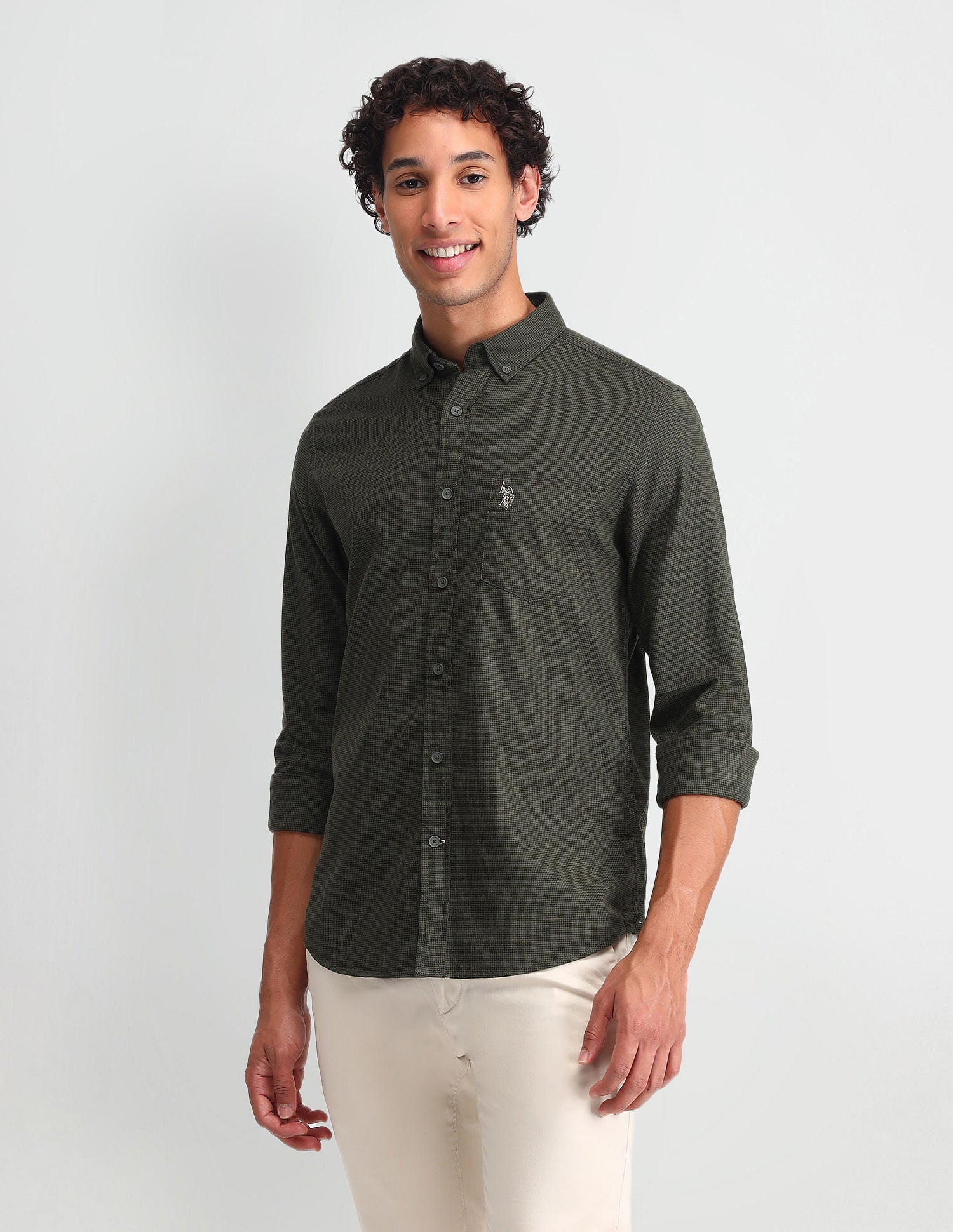 Micro Checked Slim Fit Shirt Dark Green - U.S. Polo Assn. India | Large
