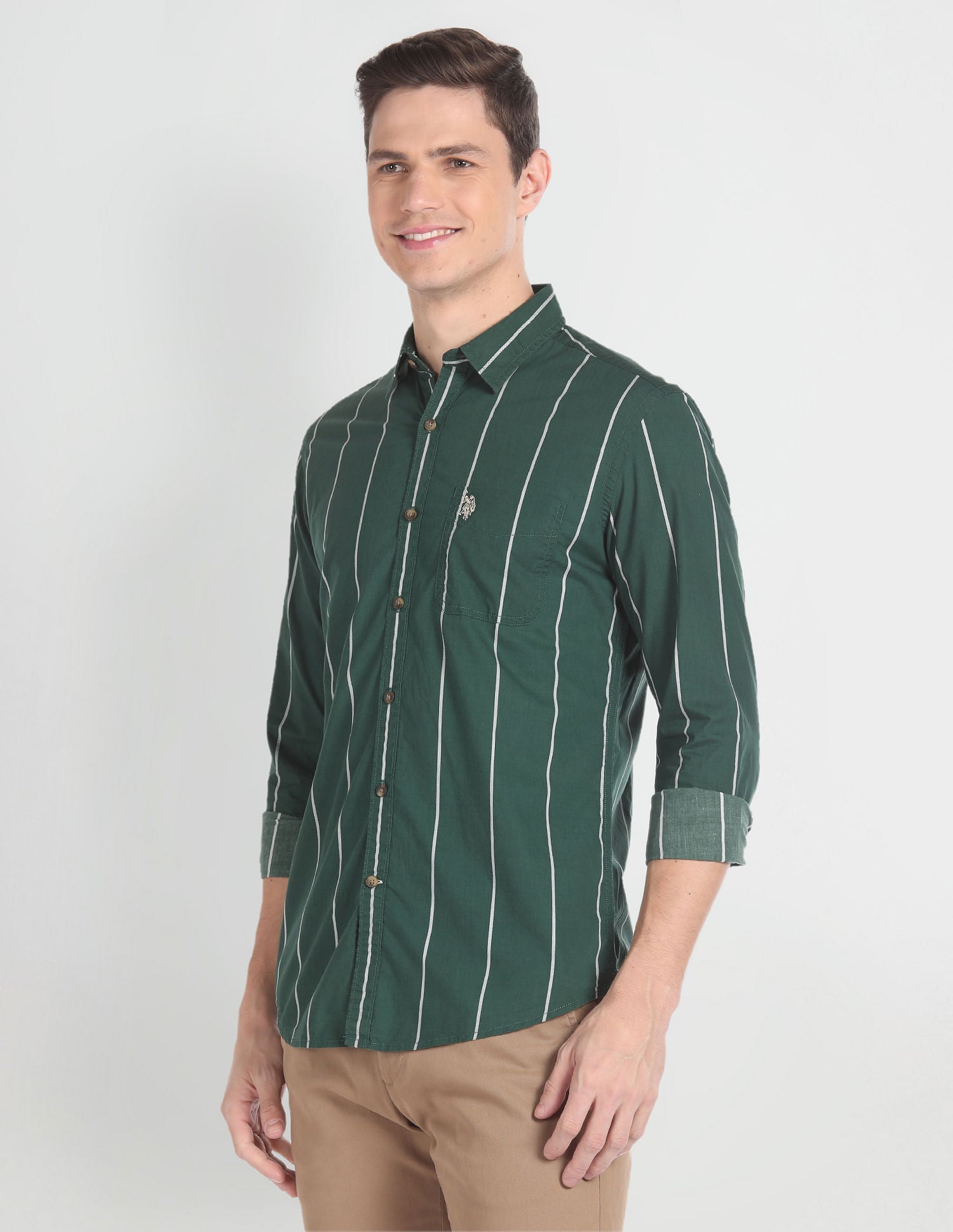 Vertical Stripe Cotton Shirt Dark Olive - U.S. POLO ASSN. | Large