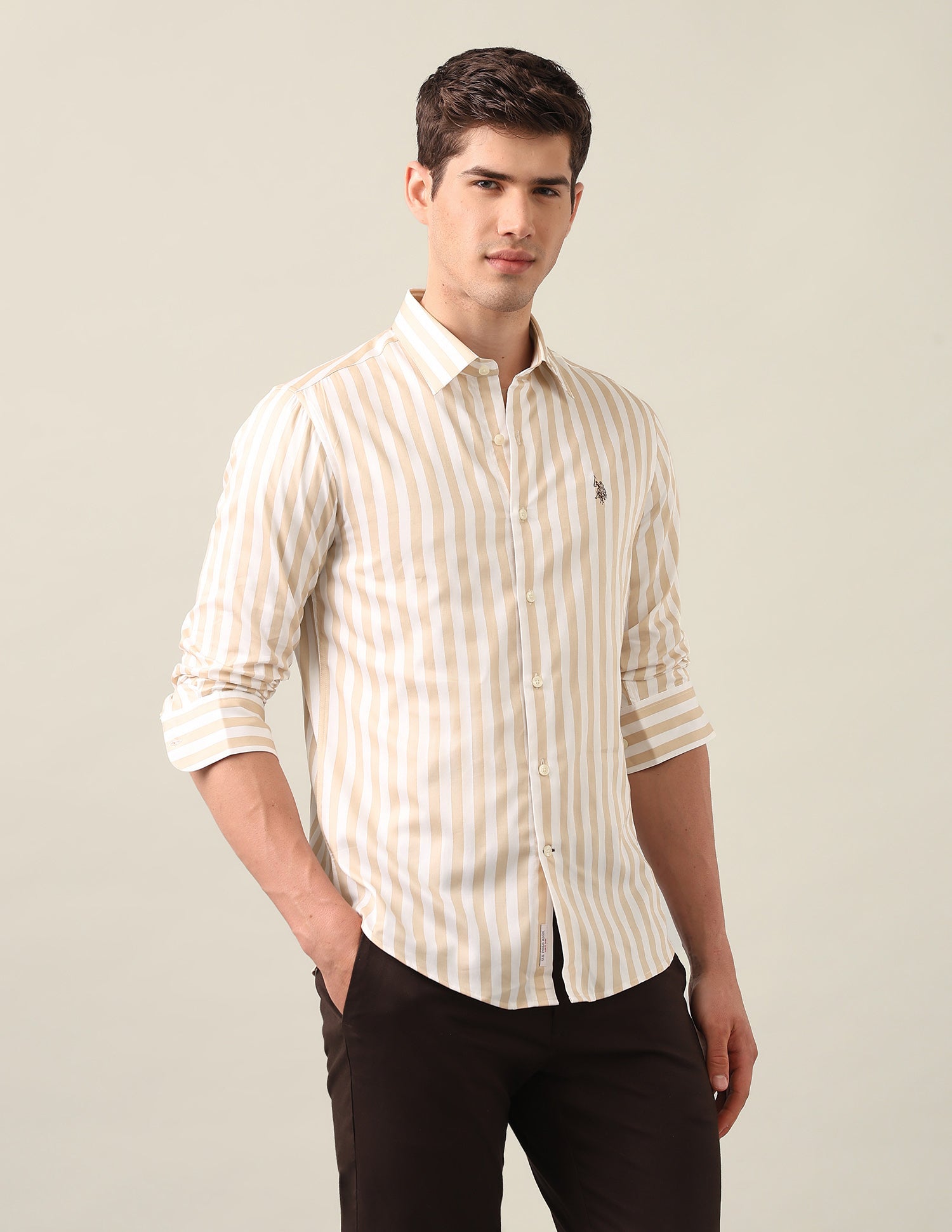 Vertical Striped Satin Shirt Beige - U.S. Polo Assn. India | Large