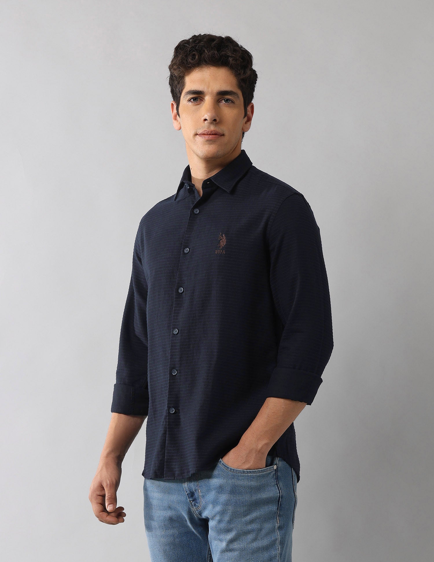 Regular Fit Textured Shirt Navy - U.S. Polo Assn. India | Large