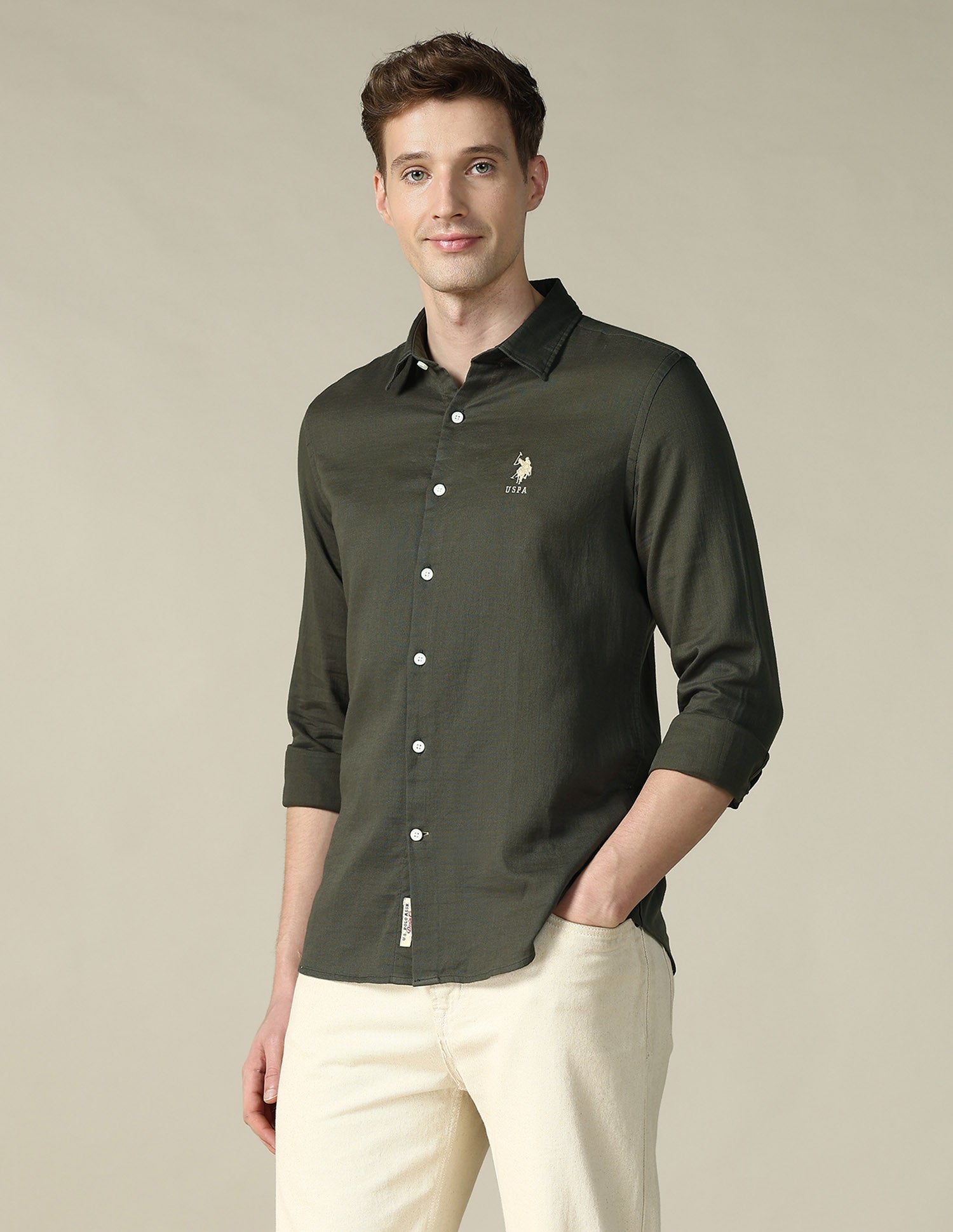 Dobby Regular Fit Shirt Olive - U.S. POLO ASSN. | Large