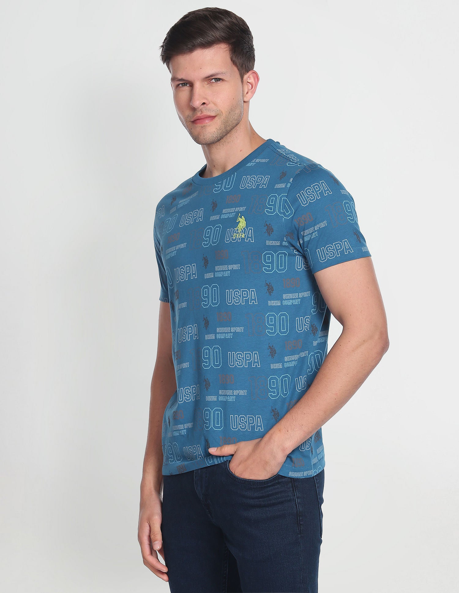 Iconic All Over Brand Print T-Shirt Blue - U.S. Polo Assn. India | Large