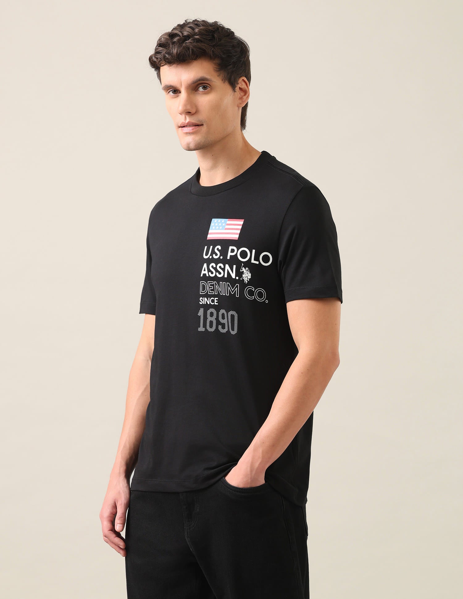 Typographic Brand Printed Regular Fit T-Shirt Black - U.S. Polo Assn. India | Large