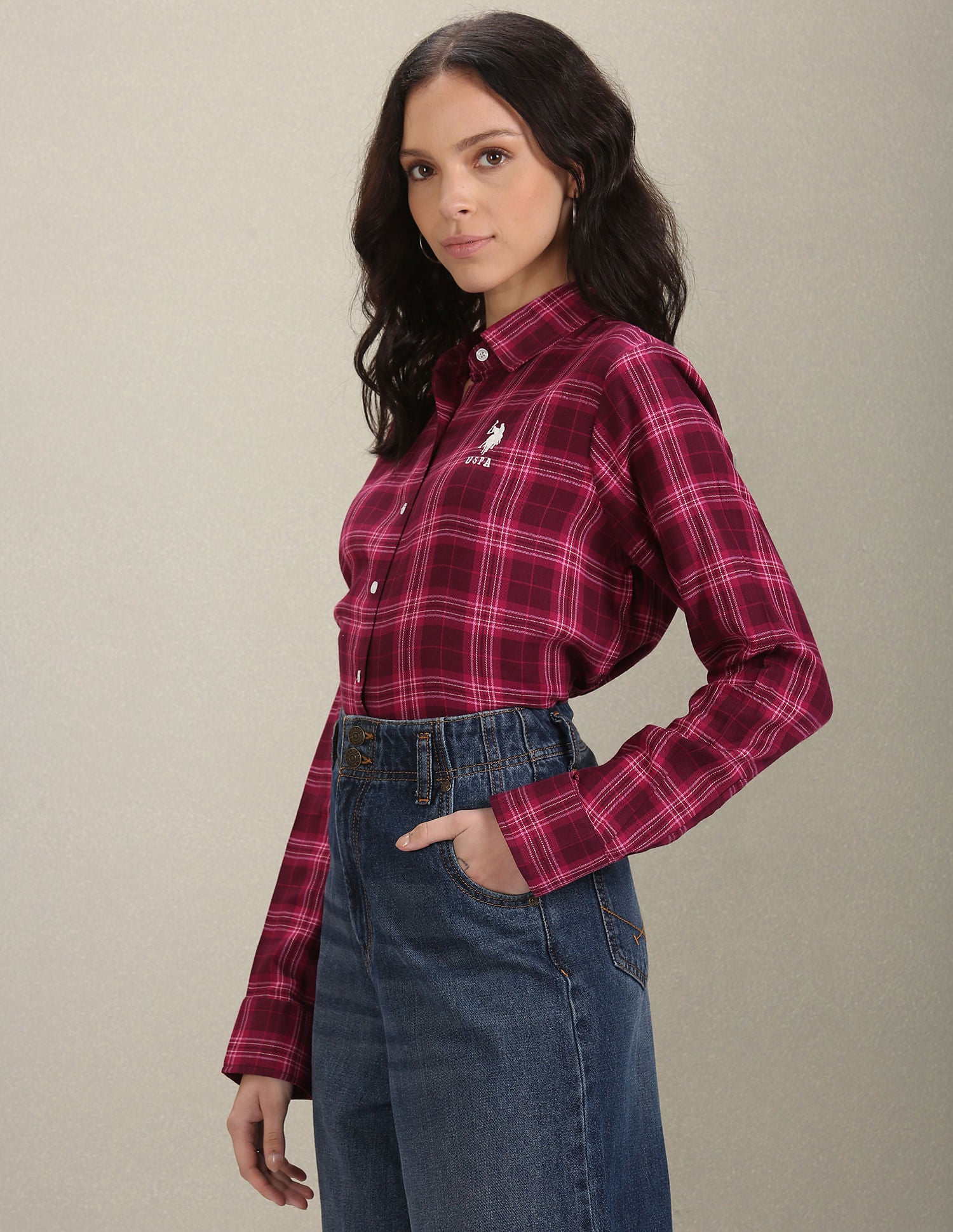 Spread Collar Tartan Check Shirt Magenta - U.S. POLO ASSN. | Large