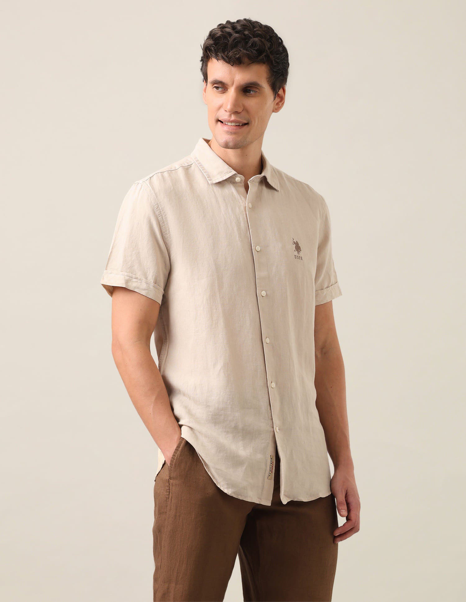 Solid Regular Fit Shirt Beige - U.S. Polo Assn. India | Large