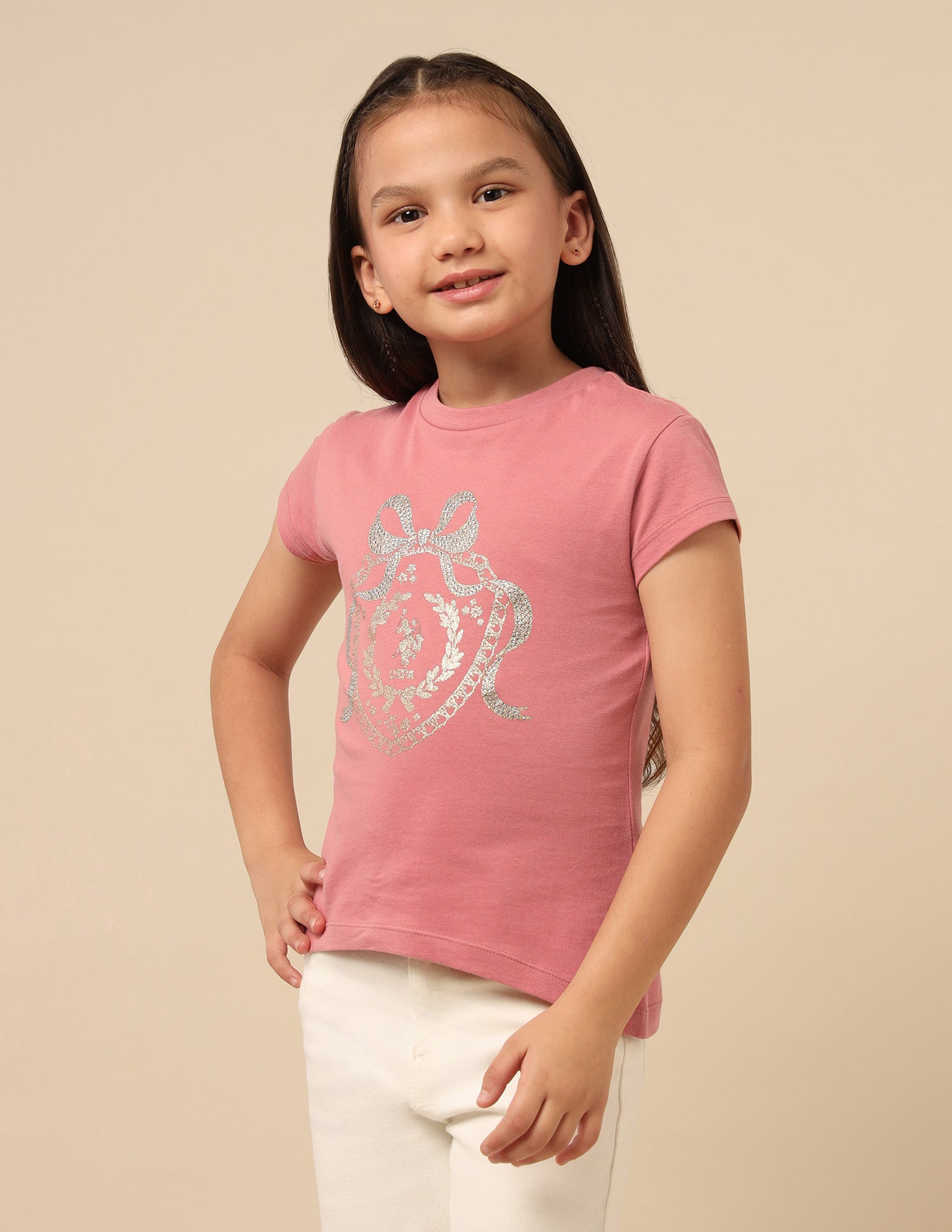 Girls Embellised Metallic Brand Printed Top Pink - U.S. POLO ASSN. | Large
