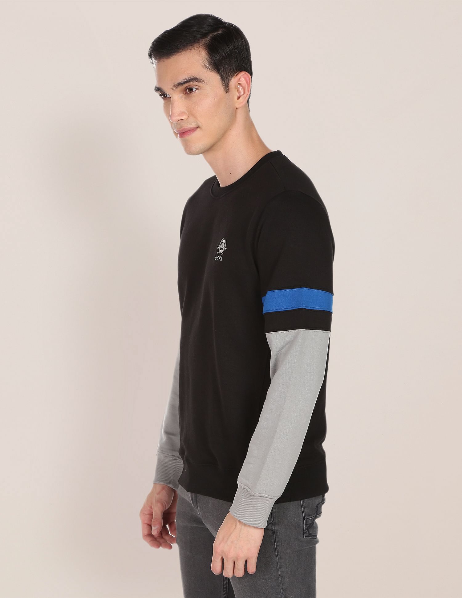 Men Black Crew Neck Colour Block Sweatshirt Black - U.S. POLO ASSN. | Large