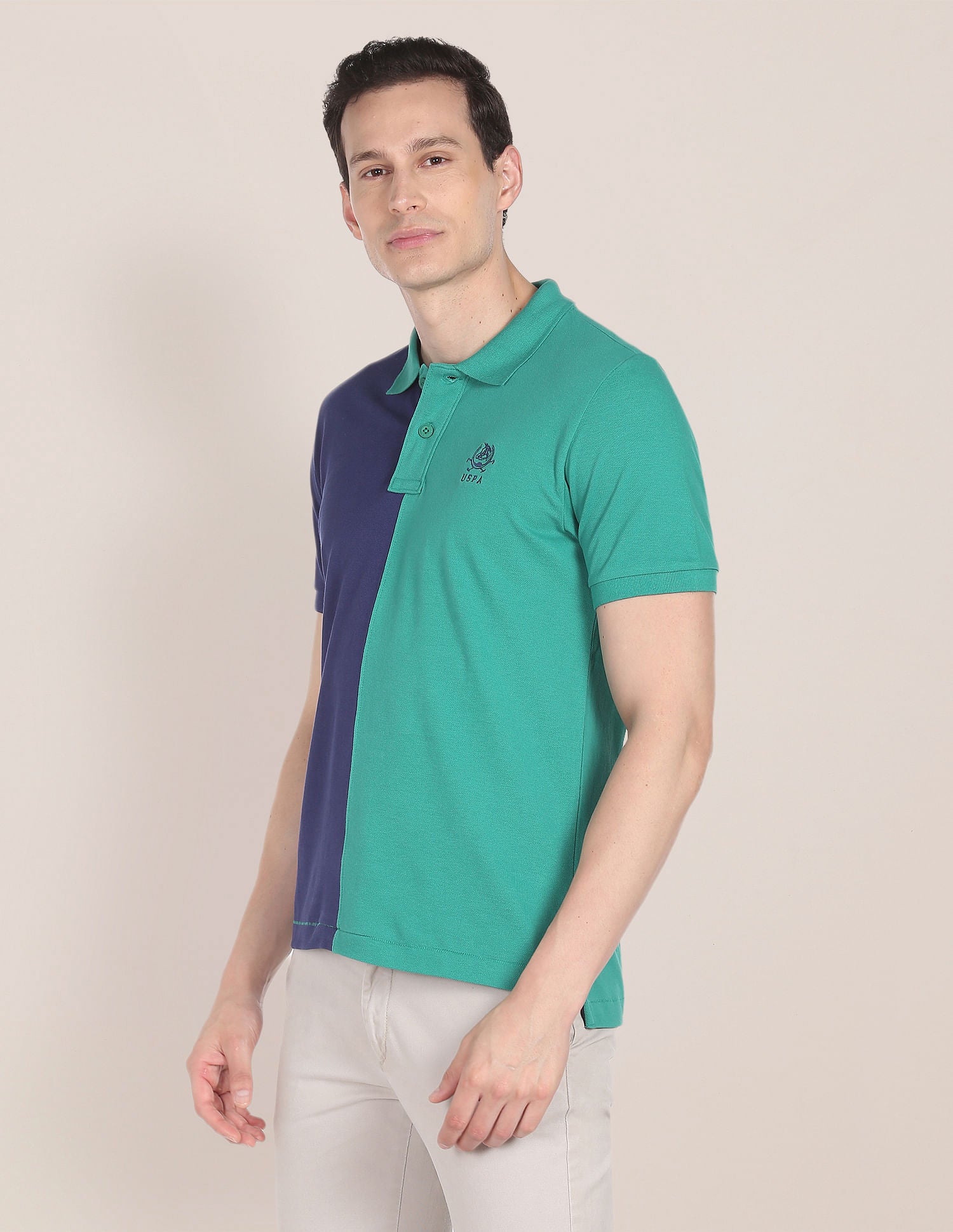 Colour Block Cotton Polo Shirt Green and Dark Blue - U.S. Polo Assn. India | Large