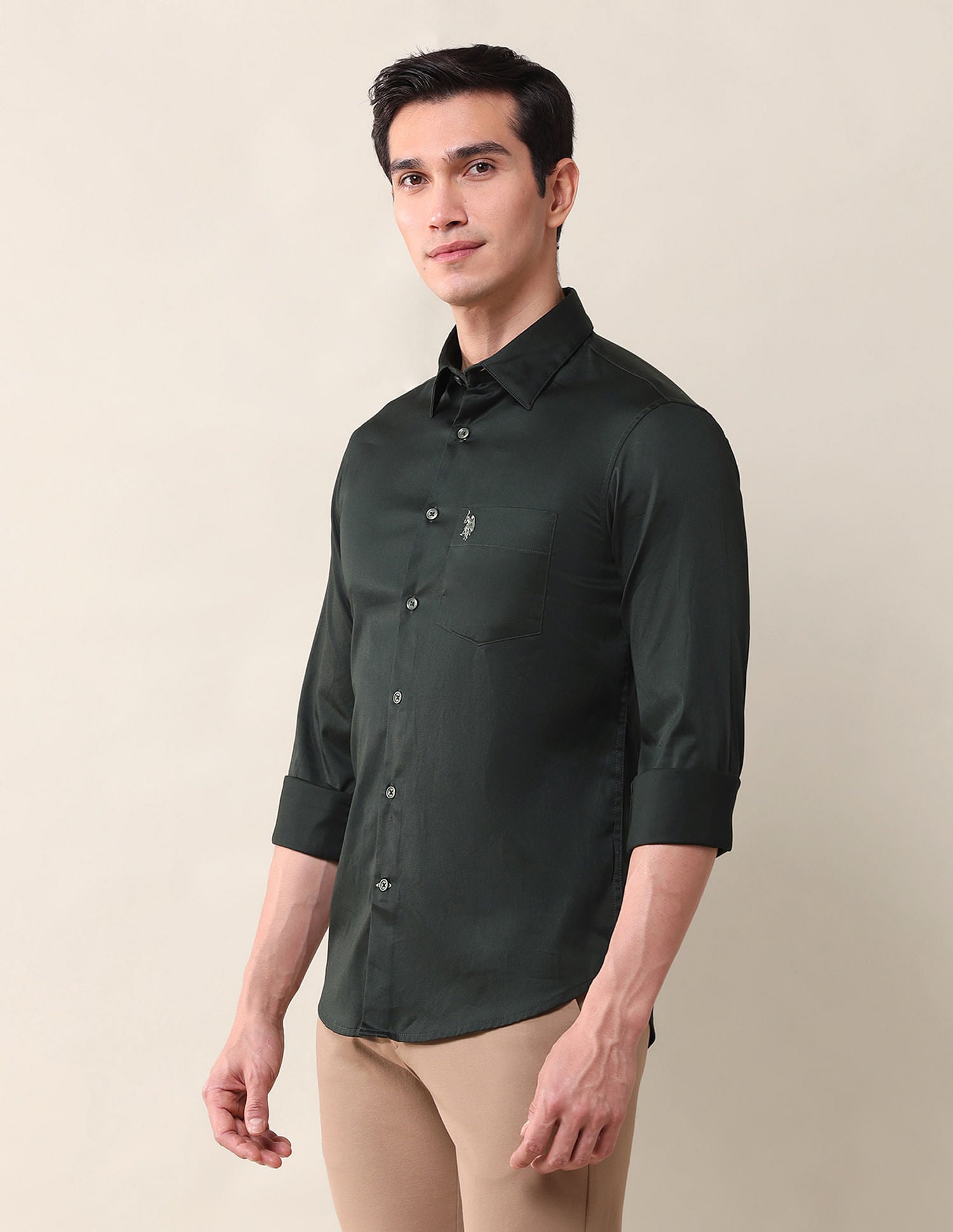 Tailored Fit Twill Solid Shirt Dk Olive - U.S. Polo Assn. India | Large