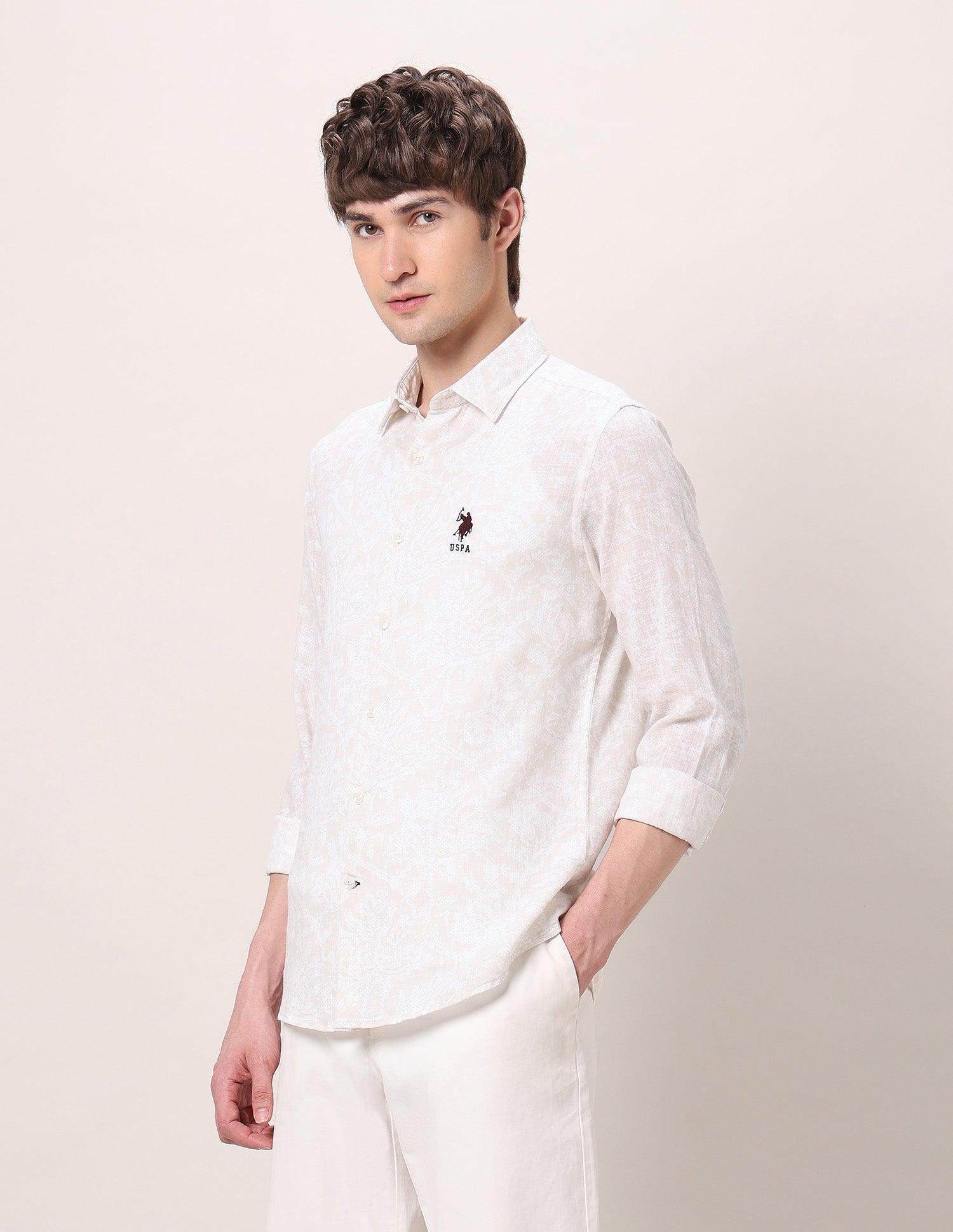 All-Over Printed Regular Fit Shirt Beige - U.S. Polo Assn. India | Large