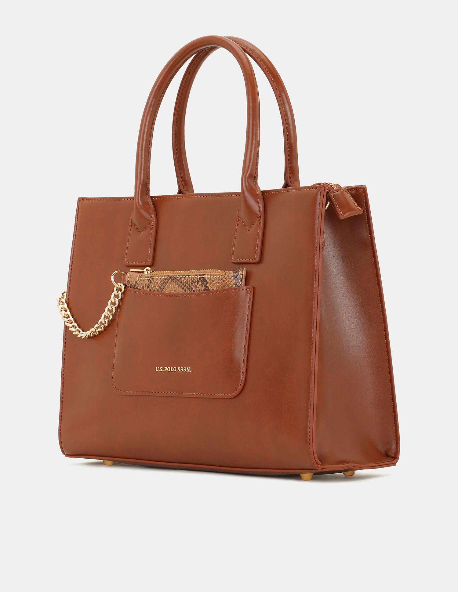 Women Bonnie Satchel Bag with Chain Card Holder Tan - U.S. POLO ASSN. | Large