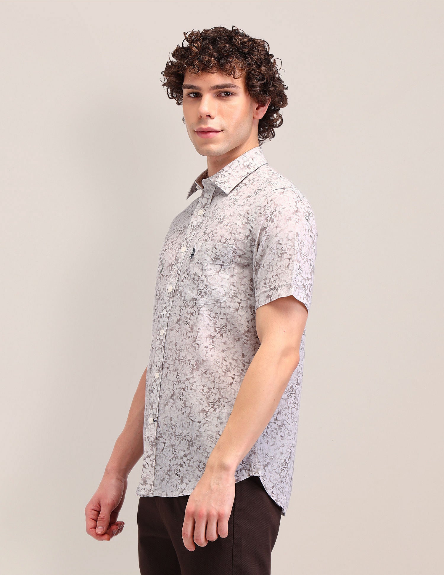 Printed Poplin Tailored Fit Shirt Grey - U.S. Polo Assn. India | Large