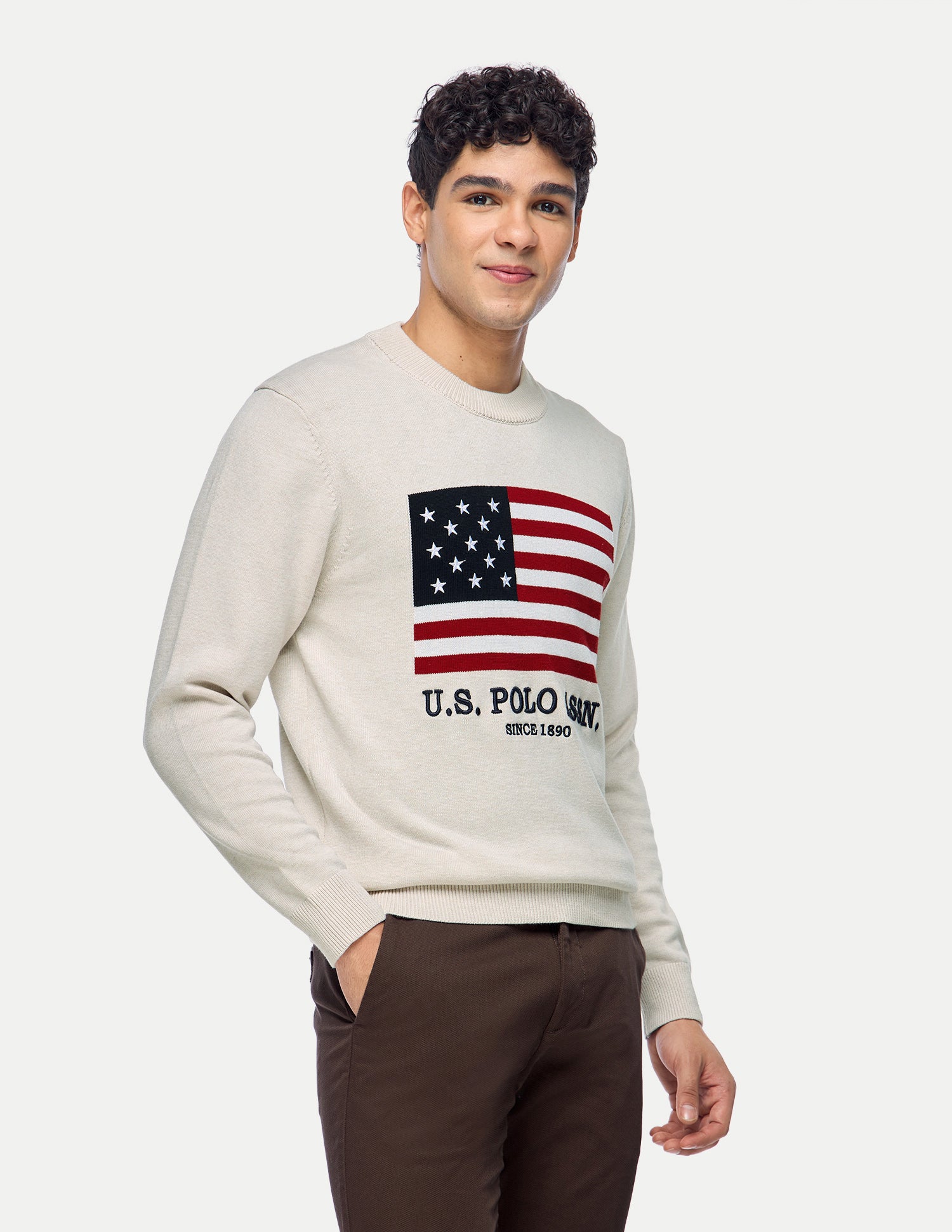 Graphic Brand Printed Slim Fit Sweater Beige - U.S. Polo Assn. India | Large