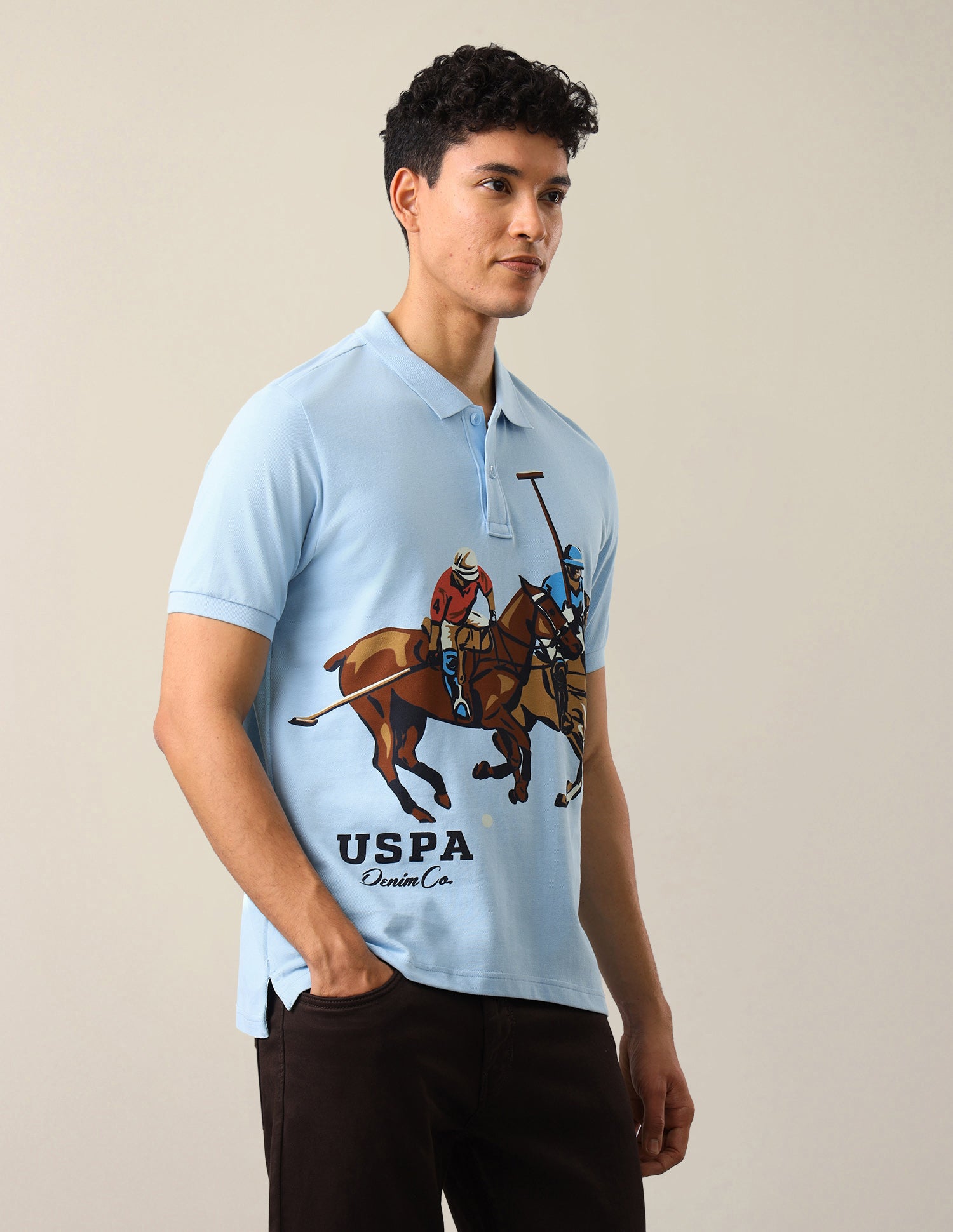 Graphic Brand Printed Slim Fit Polo Shirt Light Blue - U.S. Polo Assn. India | Large