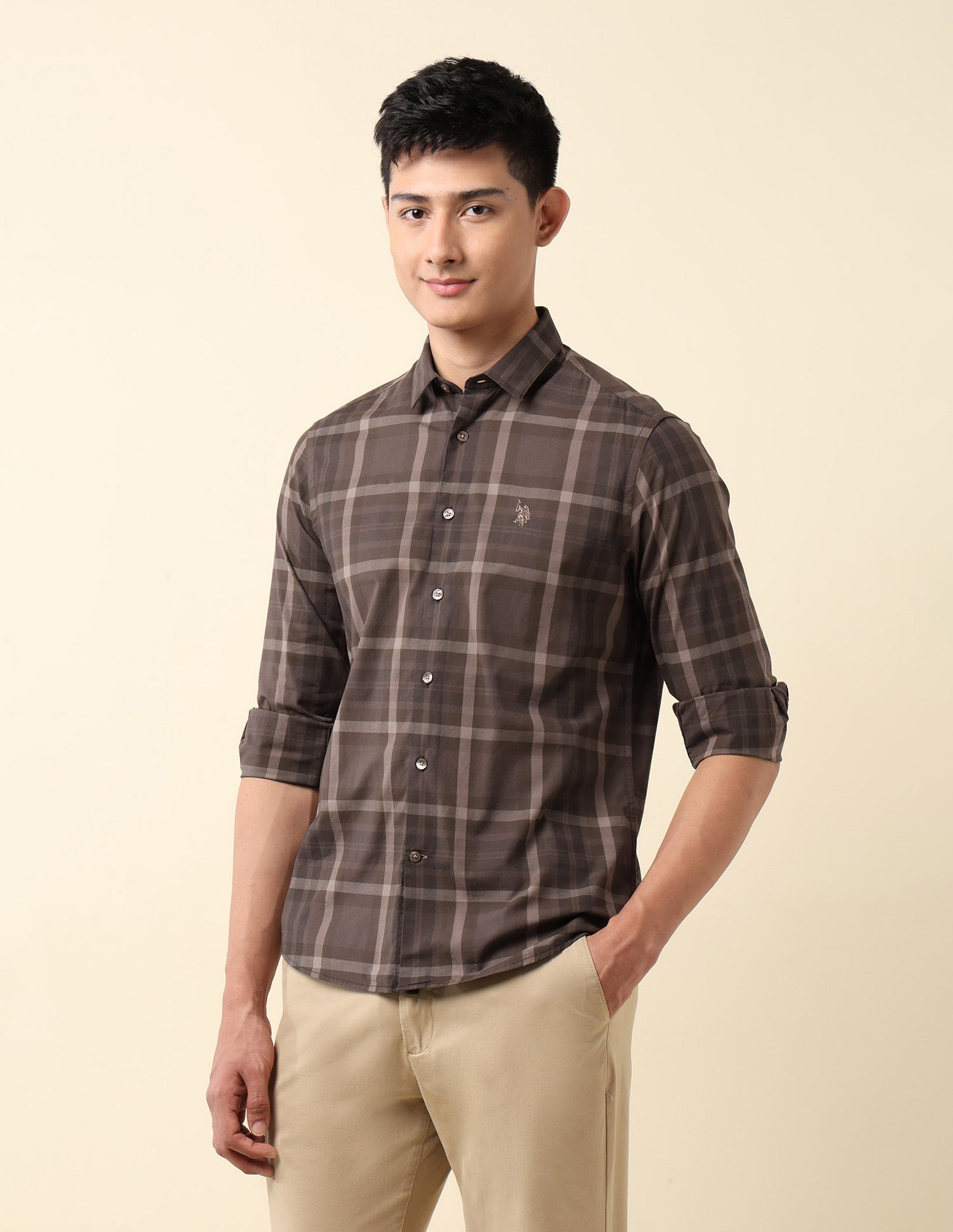 Plaid Checked Tailored Fit Shirt Light Brown - U.S. Polo Assn. India | Large