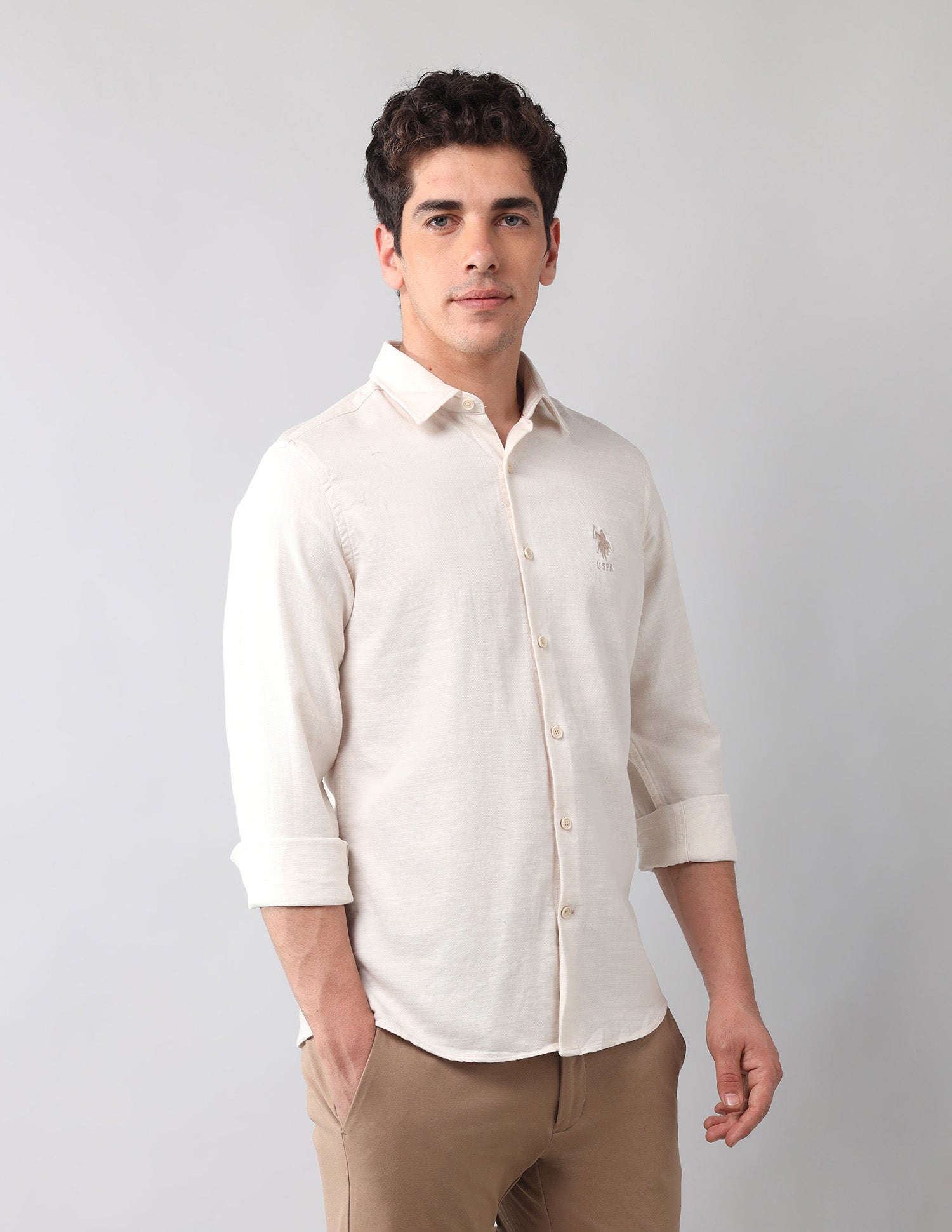 Solid Dobby Shirt Beige - U.S. Polo Assn. India | Large