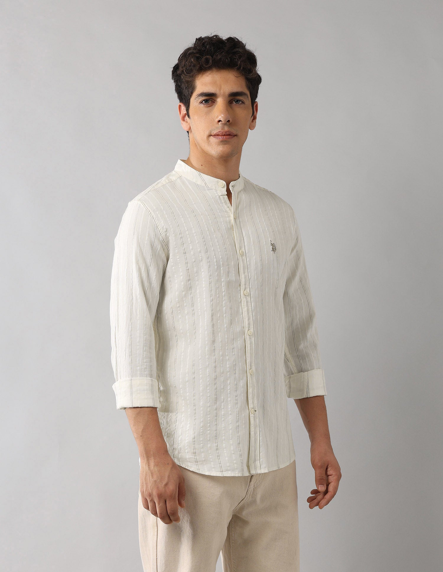 Mandarin Collar Vertical Striped Shirt Off White - U.S. Polo Assn. India | Large