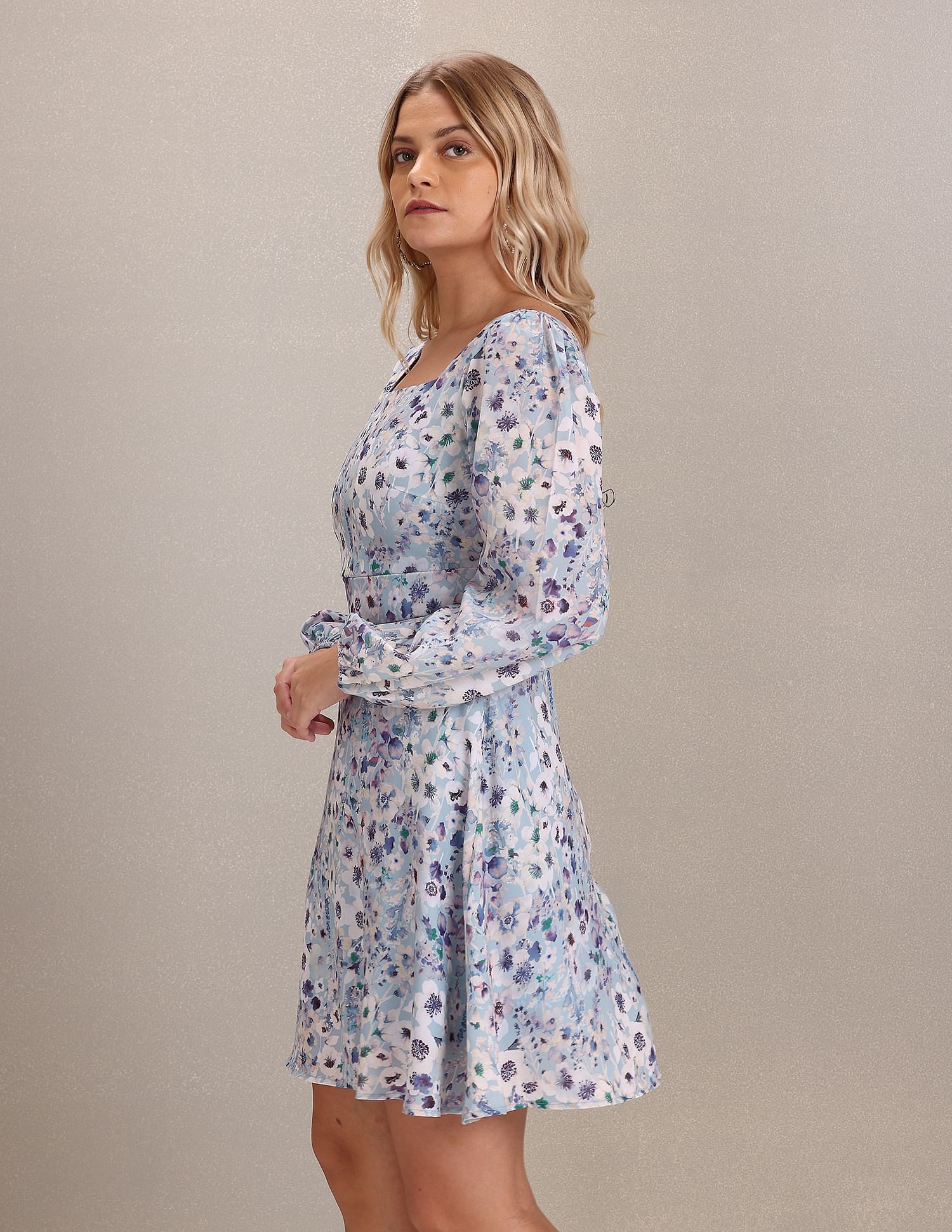 Square Neck Floral Print Fit And Flare Dress Blue - U.S. Polo Assn. India | Large