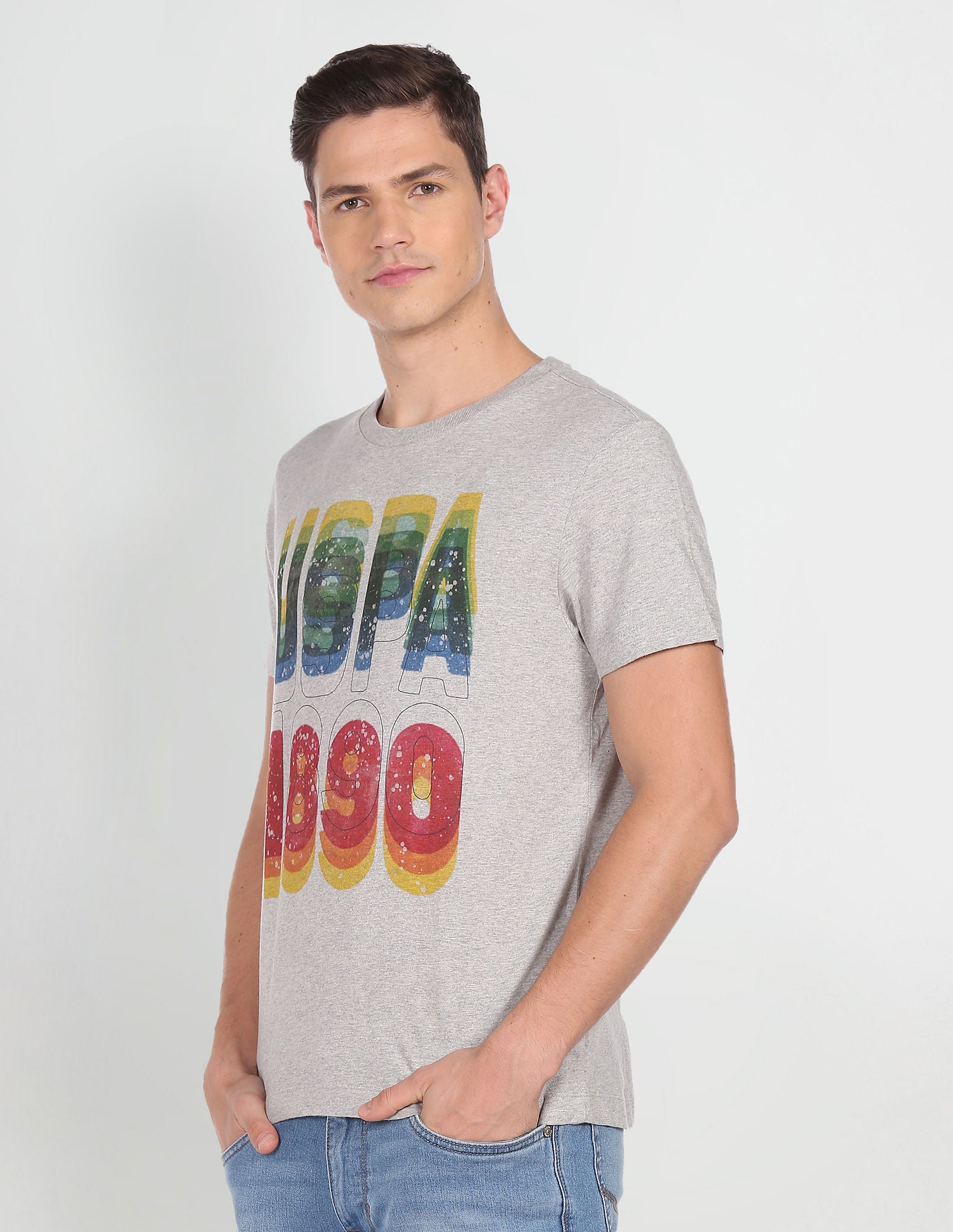 Men Light Grey Heathered Brand Print T-Shirt Light Grey - U.S. POLO ASSN. | Large