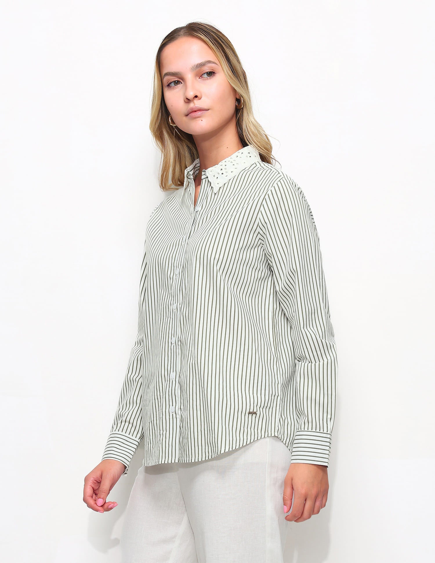 Regular Fit Striped Shirt With Schiffli Collar Green - U.S. Polo Assn. India | Large