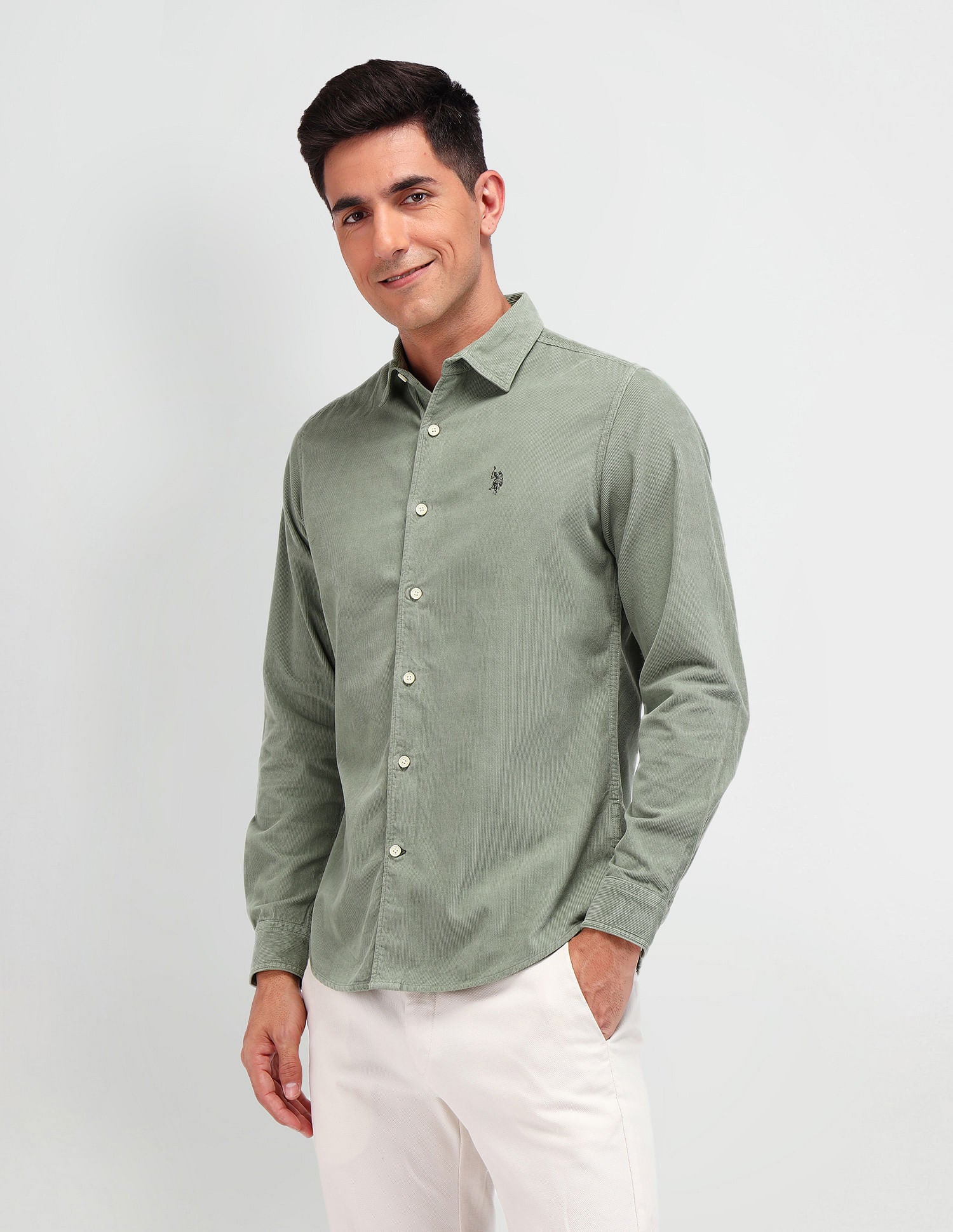Slim Fit Corduroy Shirt Light Green - U.S. Polo Assn. India | Large