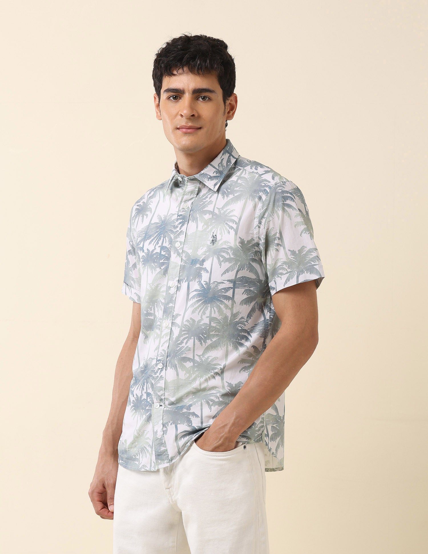 Tropical Printed Pure Cotton Shirt Green - U.S. Polo Assn. India | Large