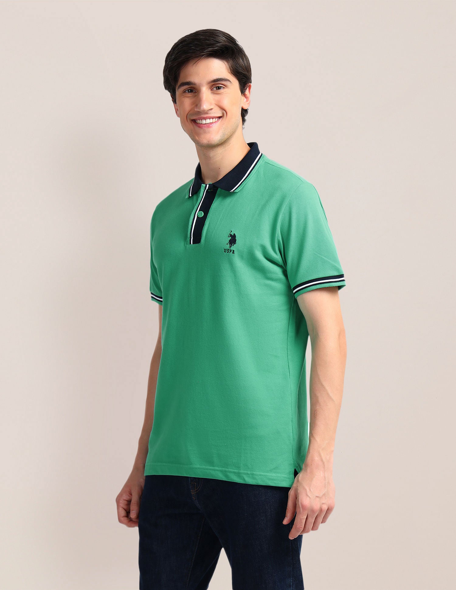 Contrast Collar Slim Polo Shirt Green - U.S. POLO ASSN. | Large