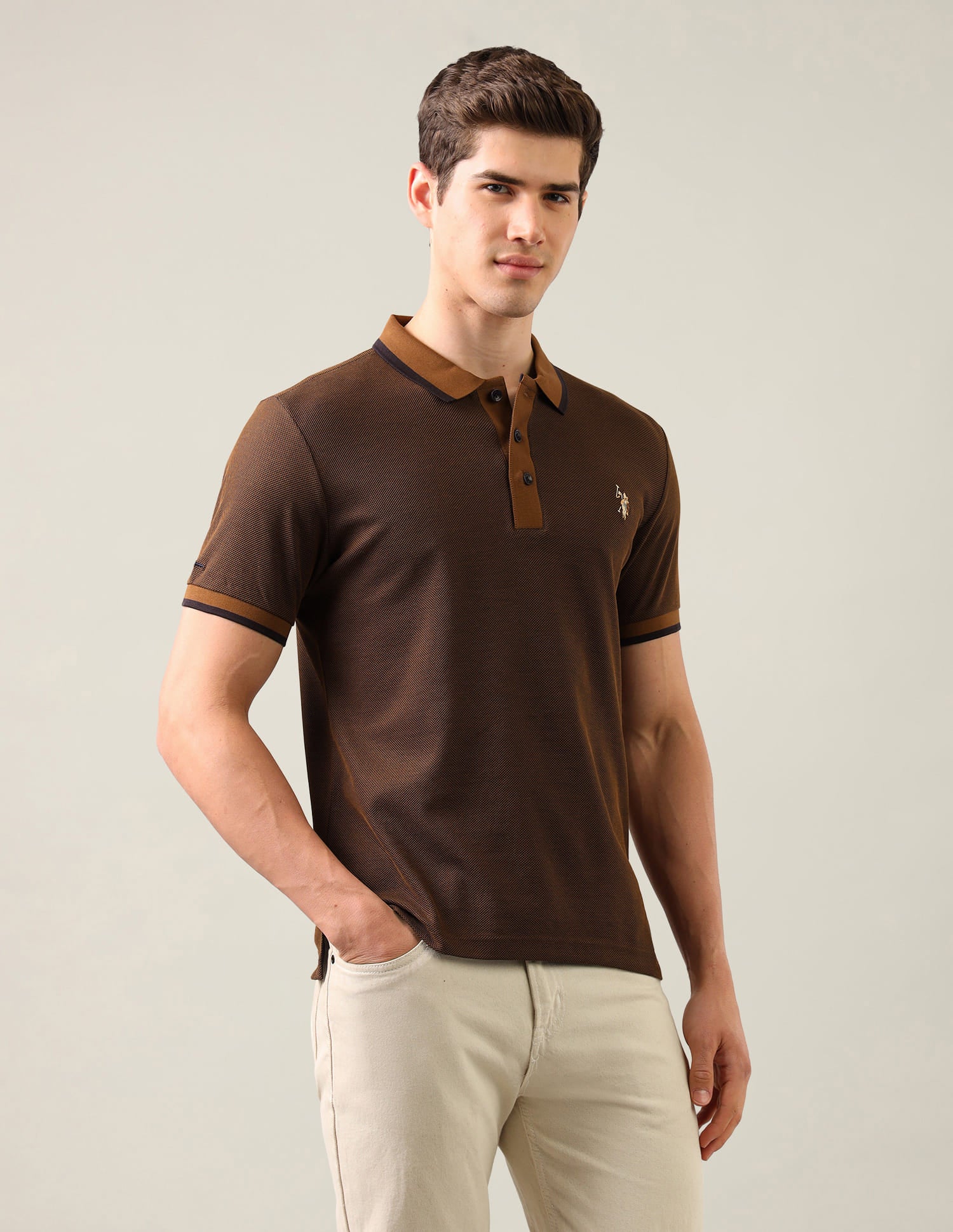 Textured Slim Fit Polo Shirt Brown - U.S. Polo Assn. India | Large