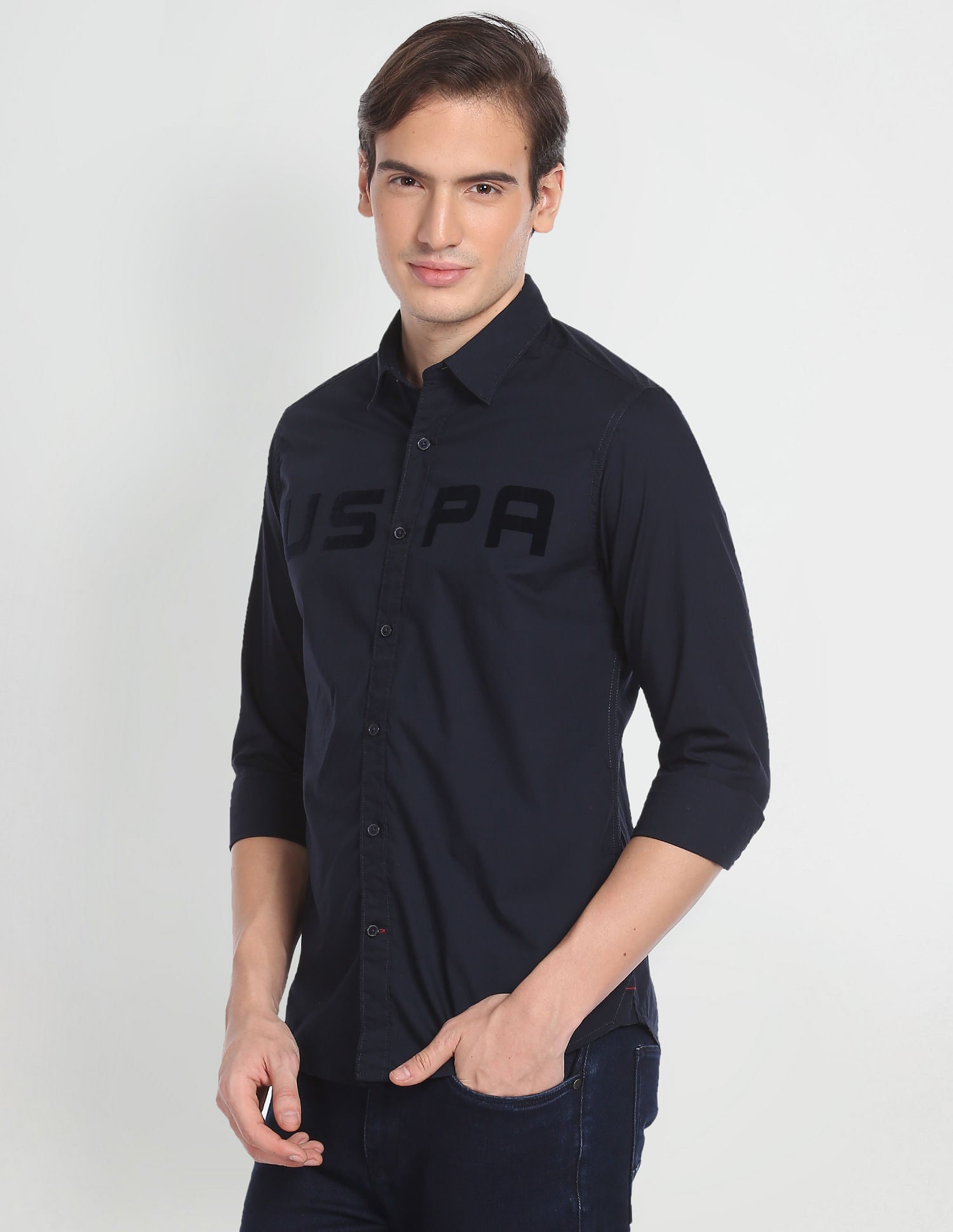 Tonal Typographic Print Casual Shirt Navy - U.S. POLO ASSN. | Large