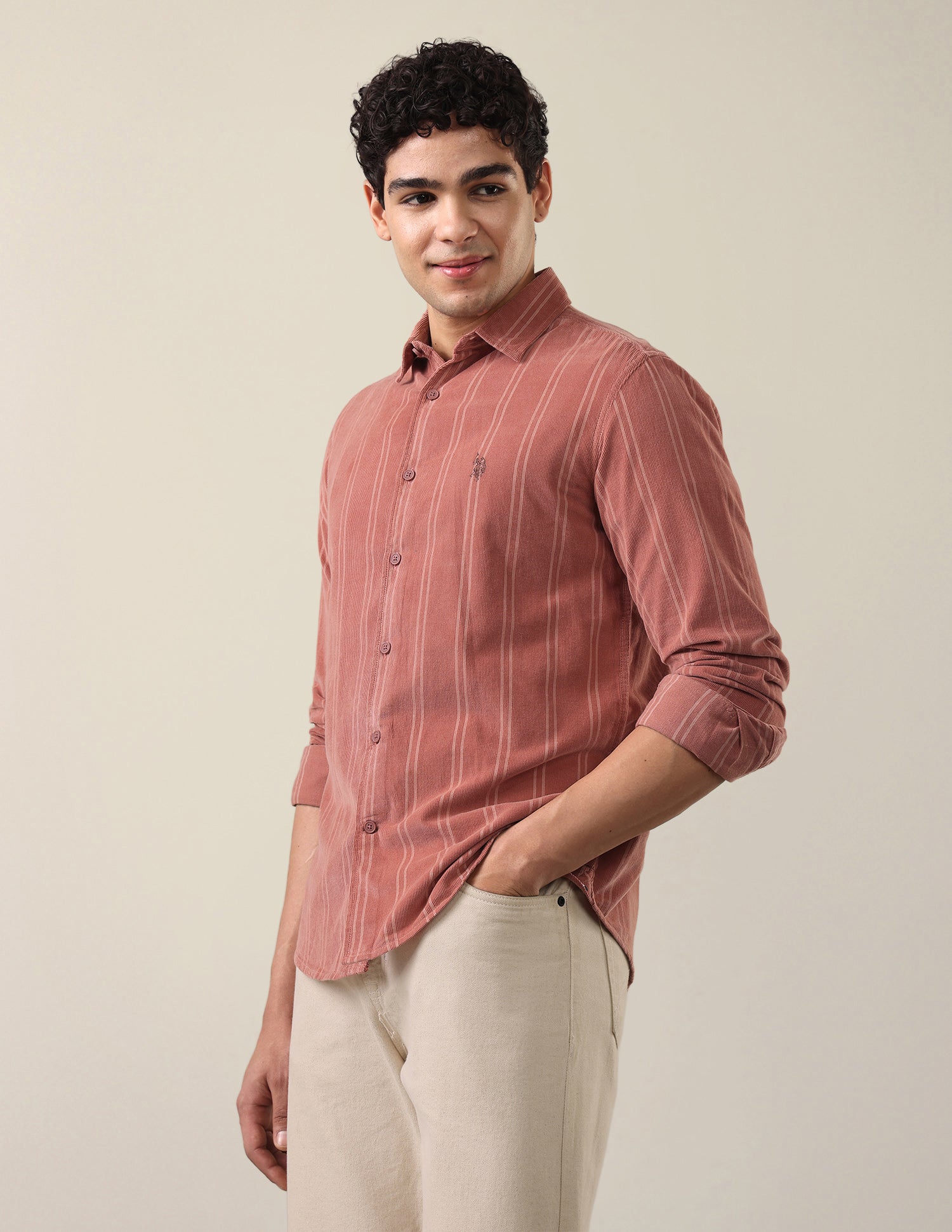 Corduroy Self Design Vertical Striped Shirt Pink - U.S. Polo Assn. India | Large