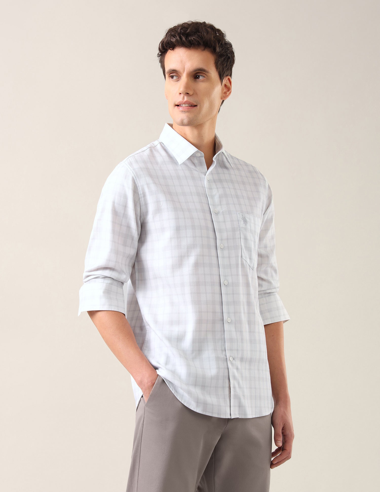 Grid Tattersall Checked With Textured Tailored Fit Shirt Light Grey - U.S. Polo Assn. India | Large