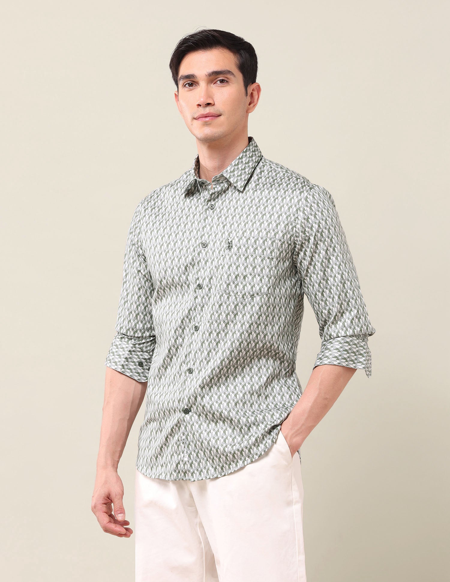 Geometric Printed Tailored Fit Shirt Green - U.S. Polo Assn. India | Large