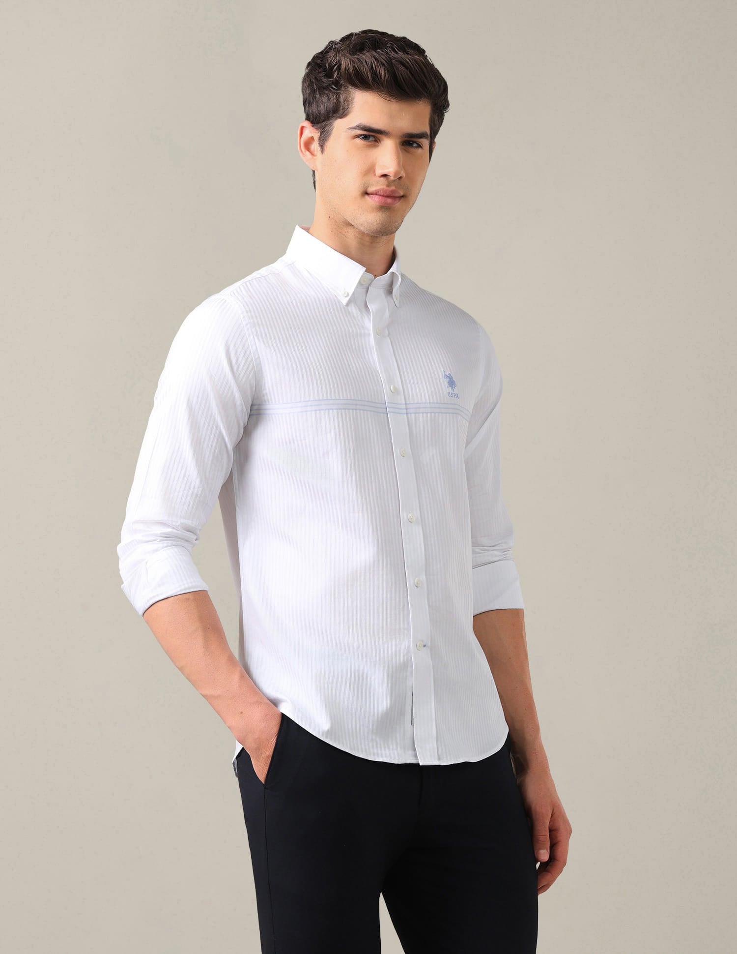 Tailored Fit Satin Button Down Shirt White - U.S. Polo Assn. India | Large