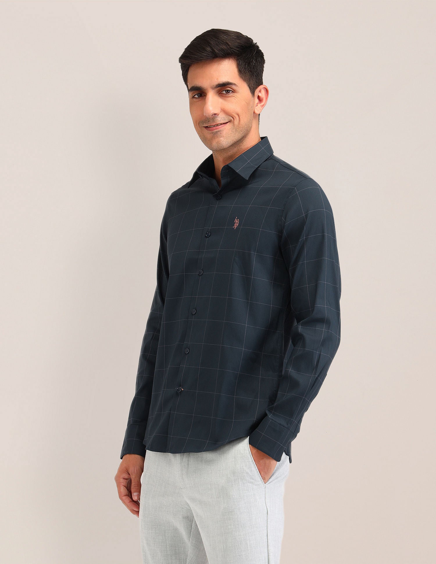 Gingham Checked Tailored Fit Shirt Navy - U.S. Polo Assn. India | Large