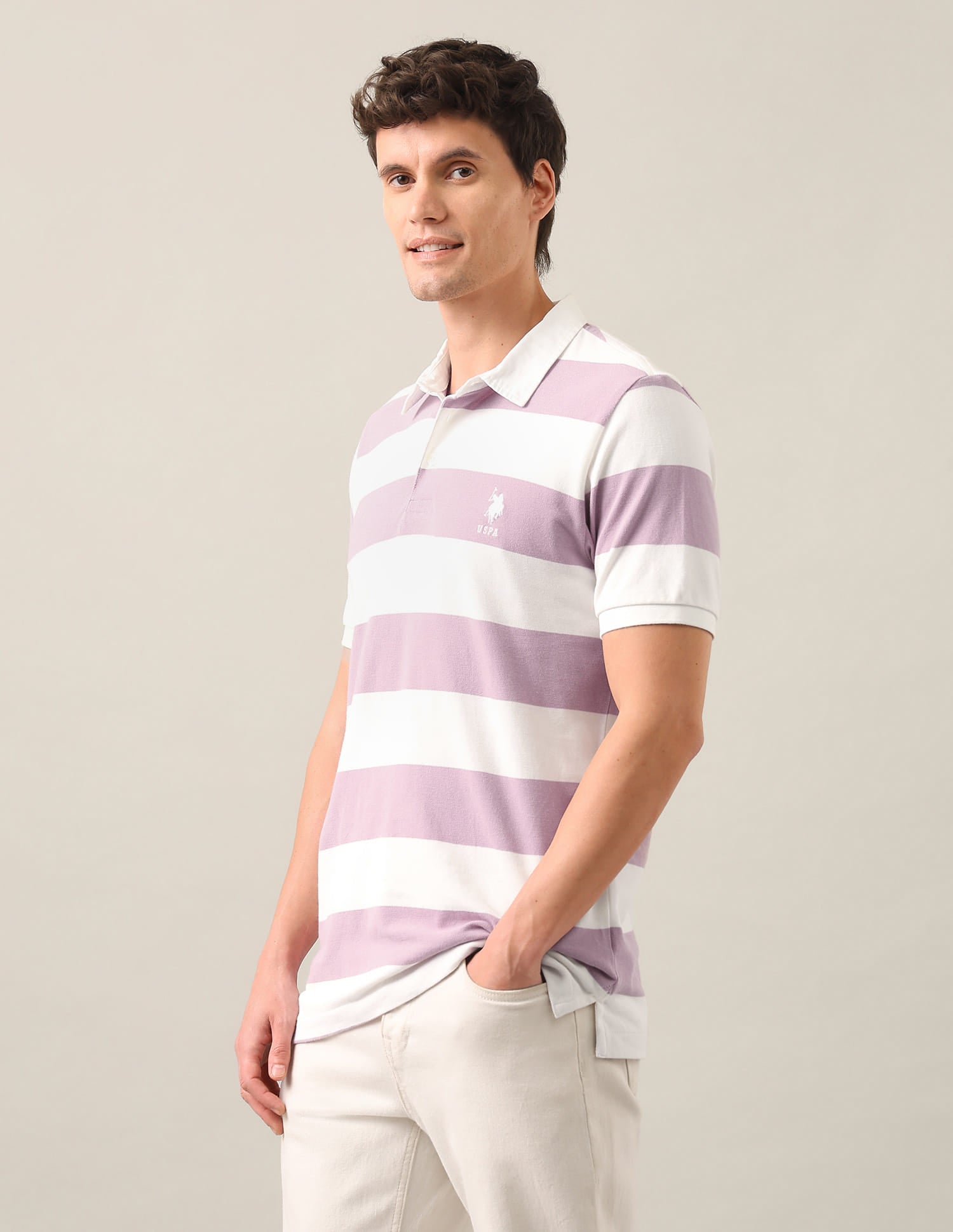 Horizontal Striped Slim Fit Polo Shirt Pink - U.S. Polo Assn. India | Large