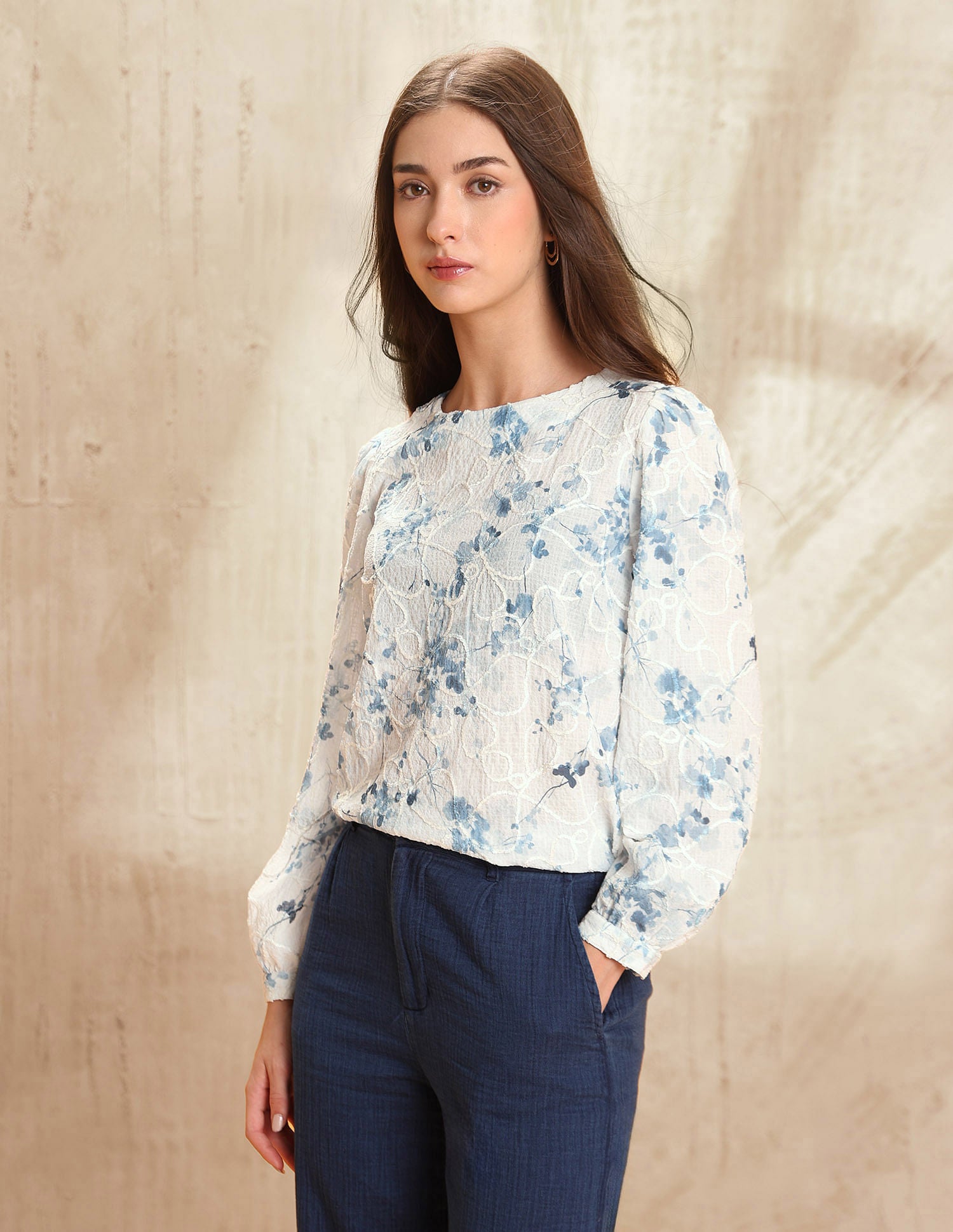 Floral Textured Top Blue - U.S. POLO ASSN. | Large